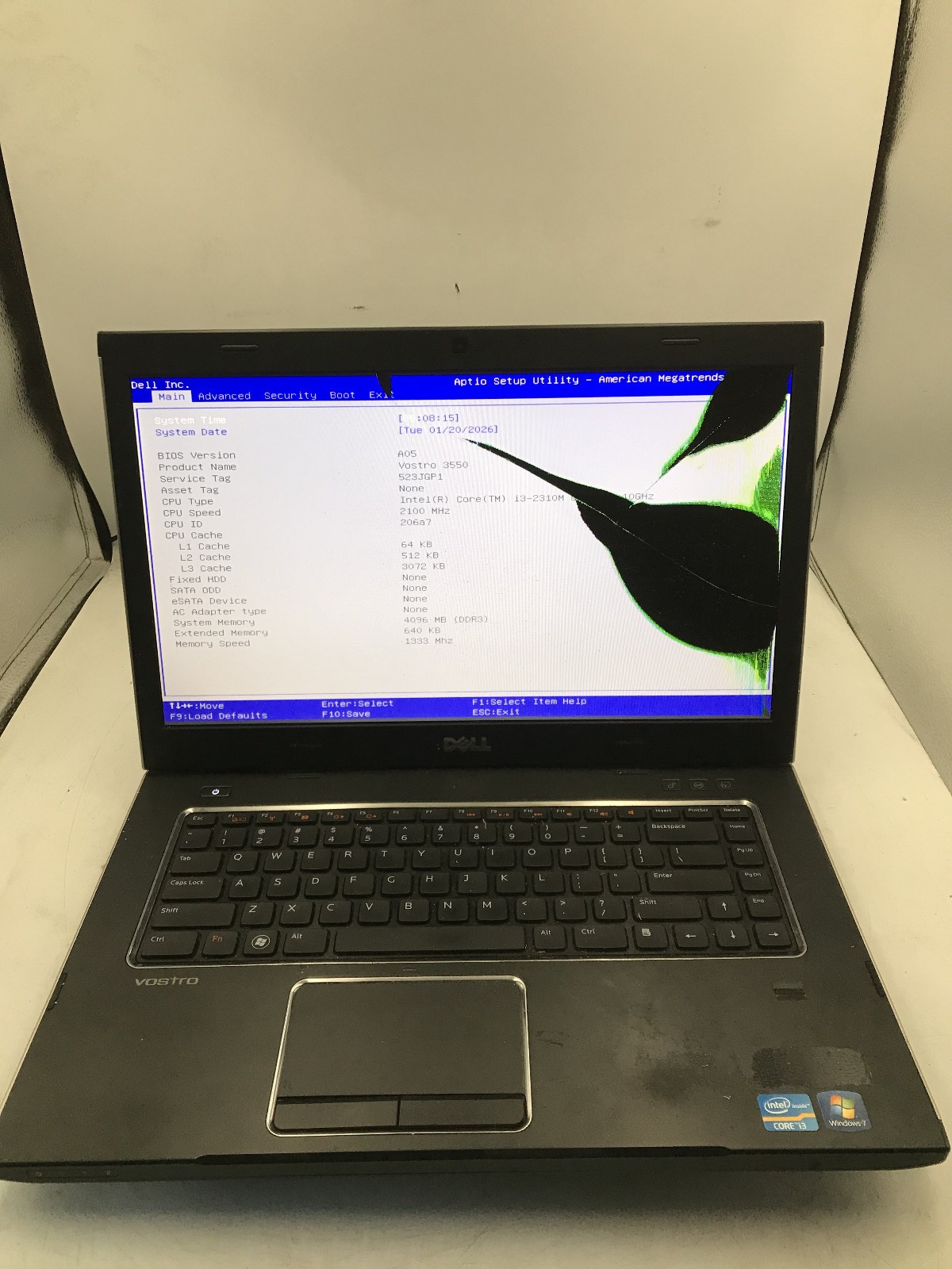 DELL VOSTRO 3550 – BOOTS TO BIOS/BAD LCD – INTEL I3 2310M -NO RAM -15″- READ -BB