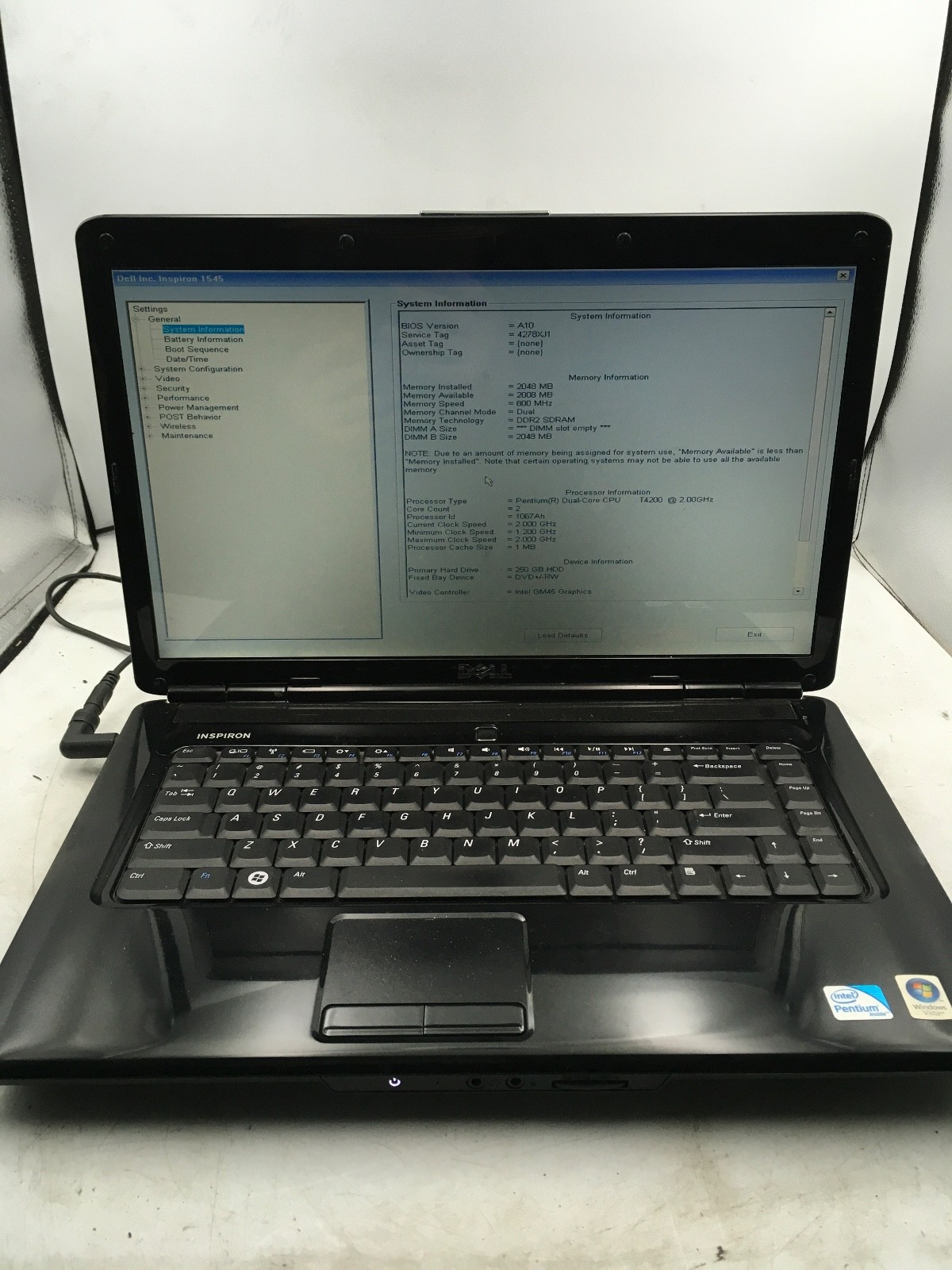 DELL INSPIRON 1545 – BOOTS TO BIOS – INTEL DUAL CORE – 2GB RAM – READ DESCRIP-BB