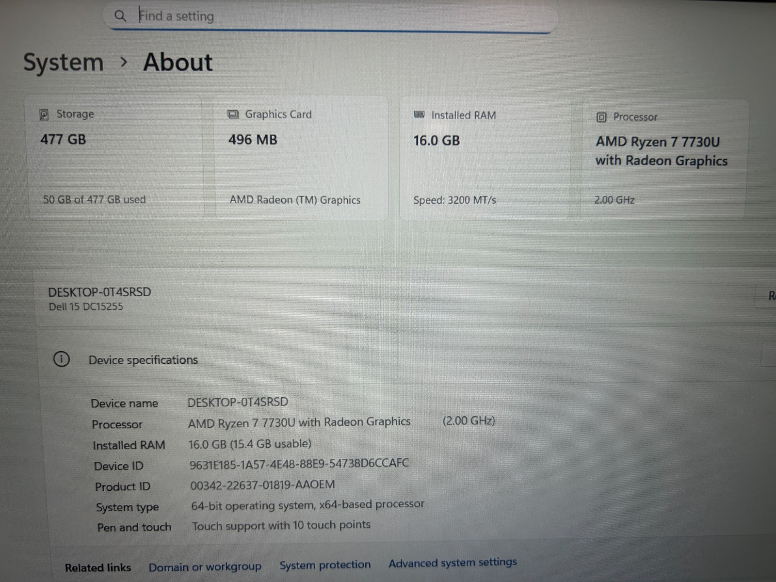 DELL 15 DC15255 G8MK9, AMD Ryzen 7 7730U, 2.00 GHz, 16 GB RAM, 512 GB NVMe