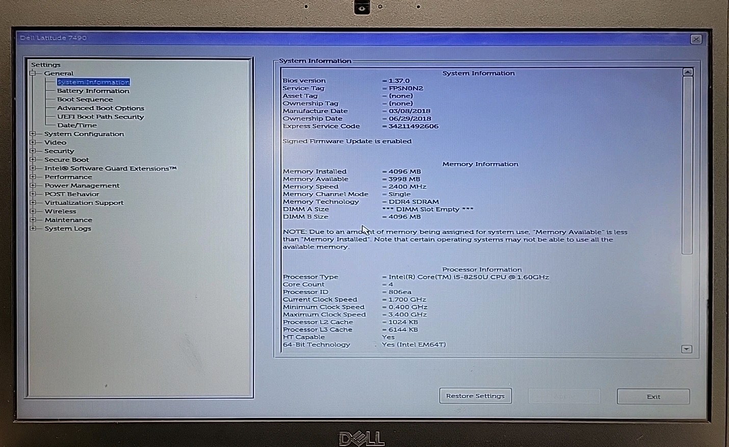 Dell Latitude 7490, Intel Core i5-8250U @ 1.6GHz, 4GB RAM, NO SSD, NO OS