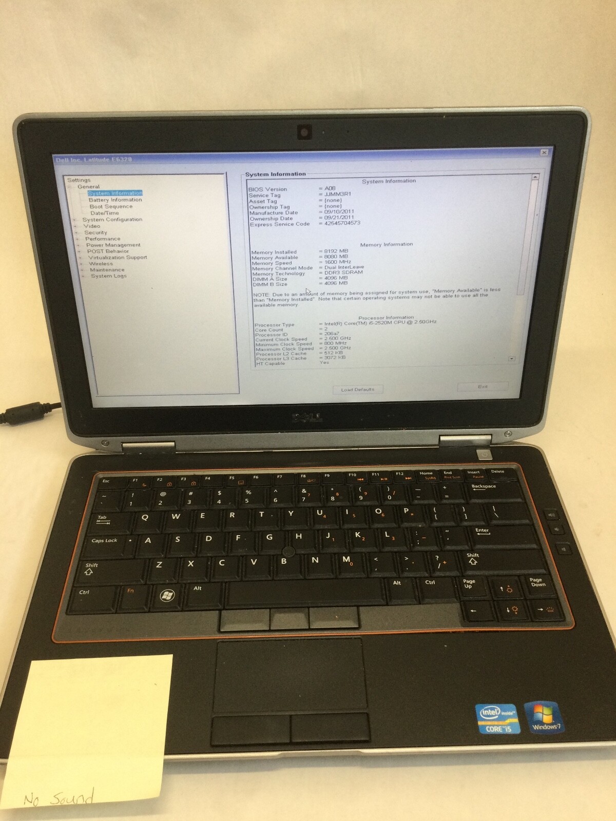 DELL LATITUDE E6320 – INTEL I5 2520M – 8GB RAM – BOOTS TO BIOS – FOR PARTS – BB!