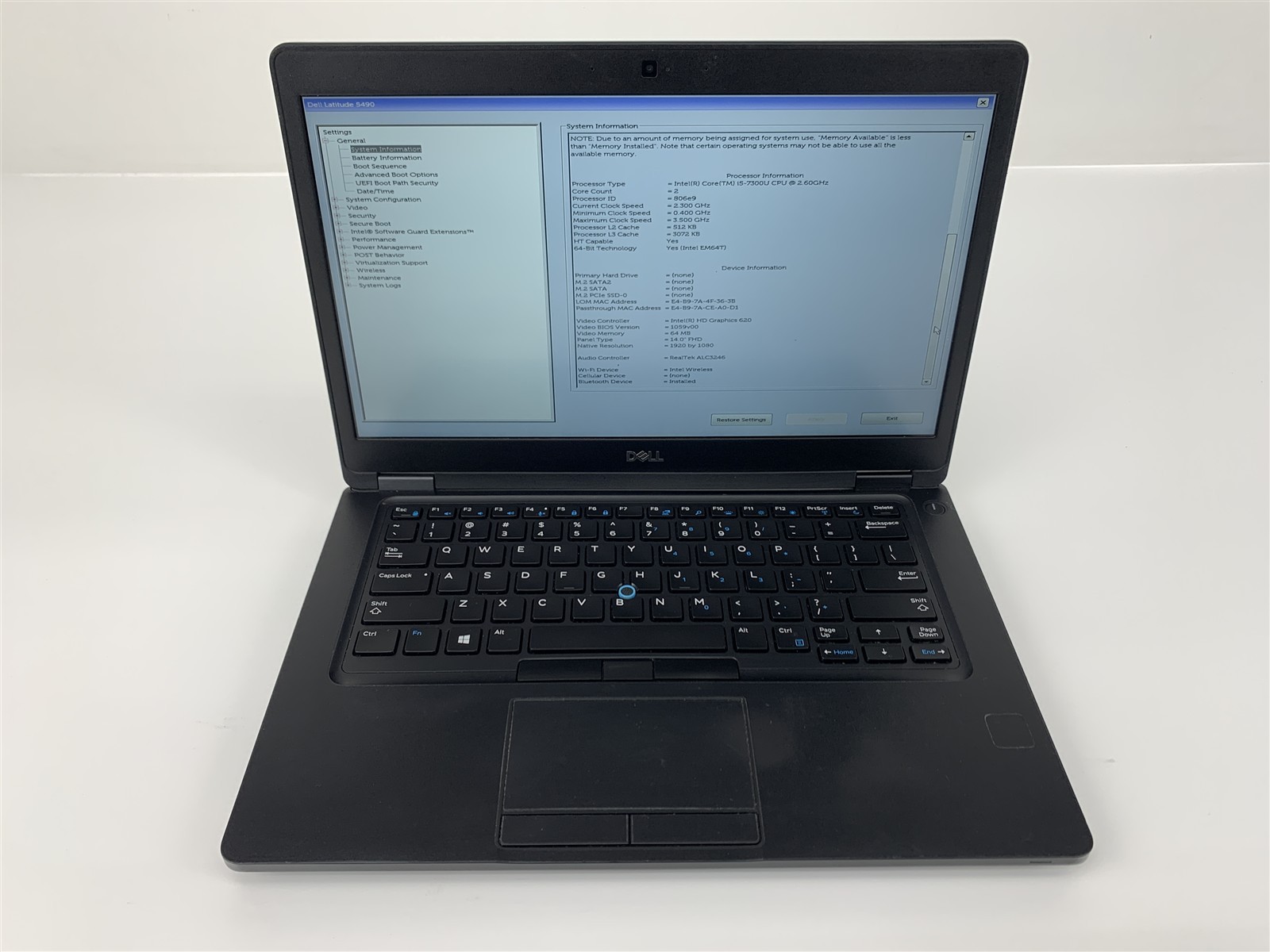 Dell Latitude 5490 Intel i5-7300U 2.60GHz 8GB Ram No SSD/HDD 6XXRHR2