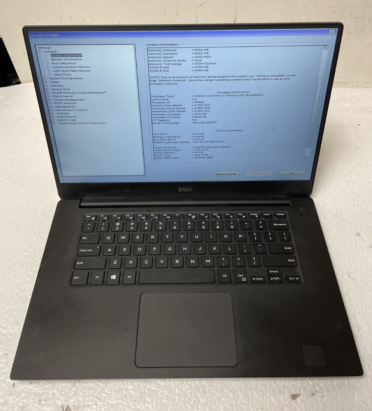 DELL XPS 15 9560 Intel Core i7-7700HQ @2.80GHZ 8GB RAM NO SSD For Parts *READ