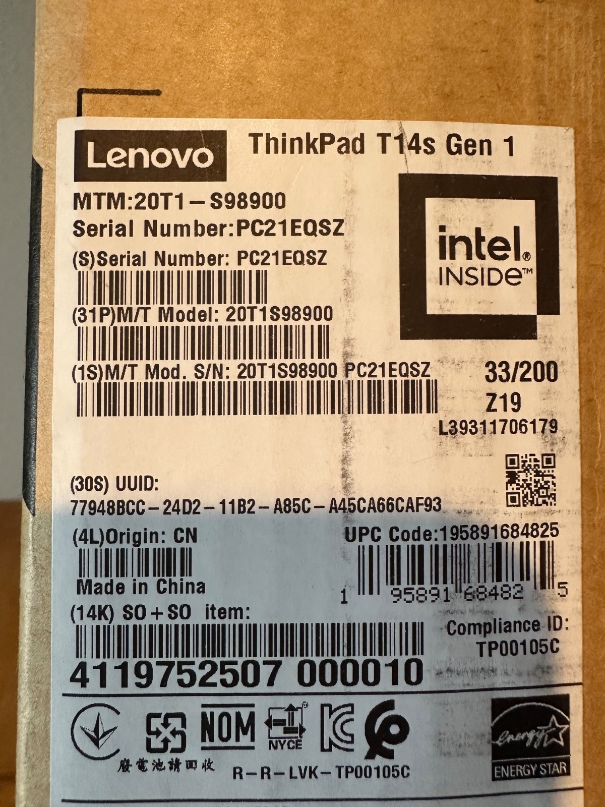 Lenovo ThinkPad T14s Gen 1 20T1 Intel Core i7-10610U vPro