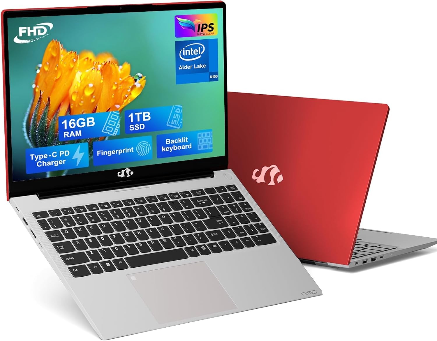 NIMO 15.6” FHD Laptop 16GB RAM 1TB SSD Intel Pentium Quad-Core N100 WiFi 6 Red