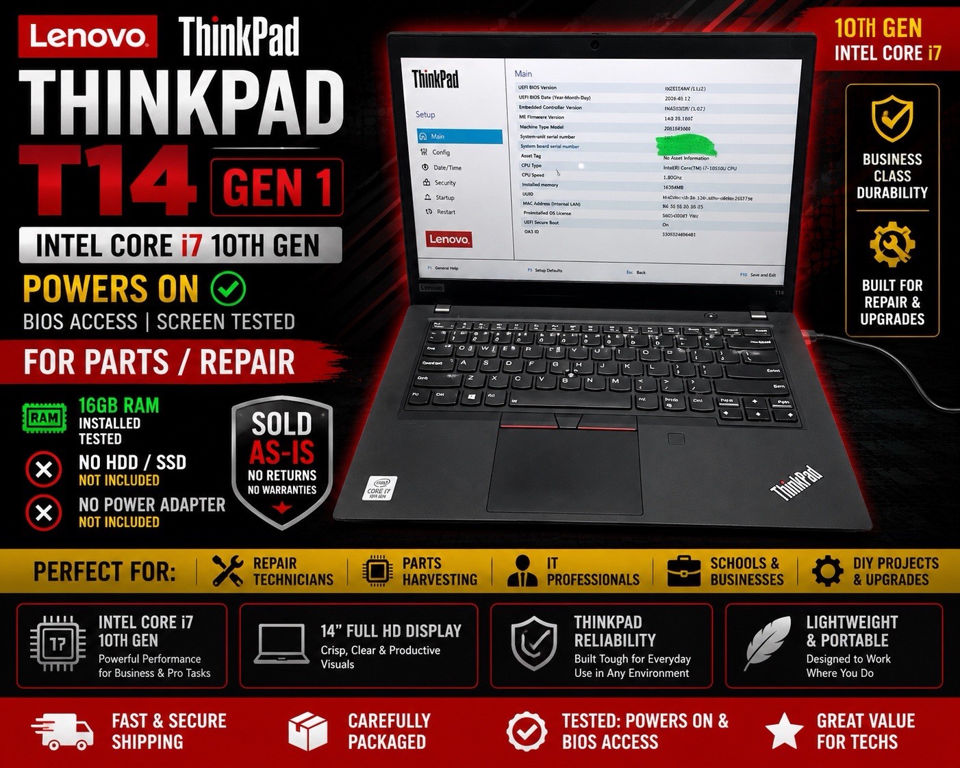 Lenovo ThinkPad T14 Gen 1 Intel I7 10th Gen 16gb Ram No Hdd Powers On PARTS