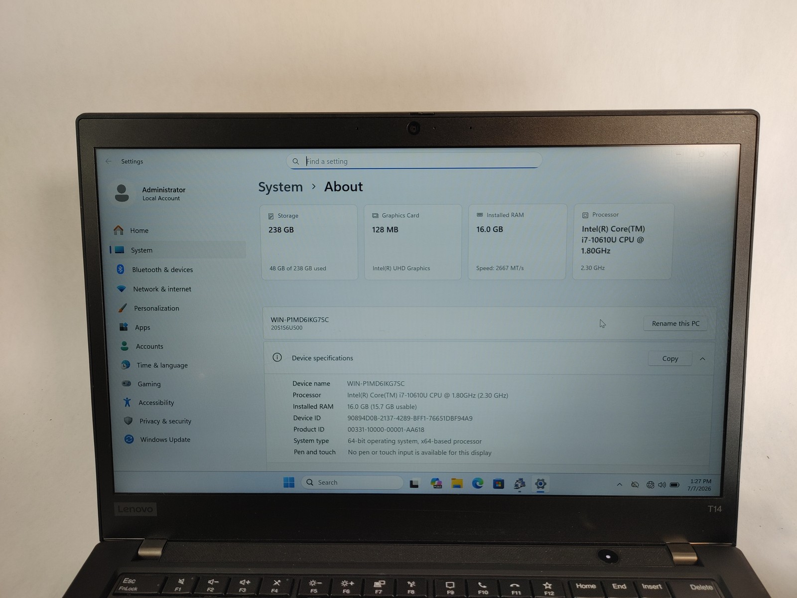 Lenovo ThinkPad T14 Gen 1 Core i7-10610U 1.80 GHz 16 GB DDR4 256 GB NVMe Windows
