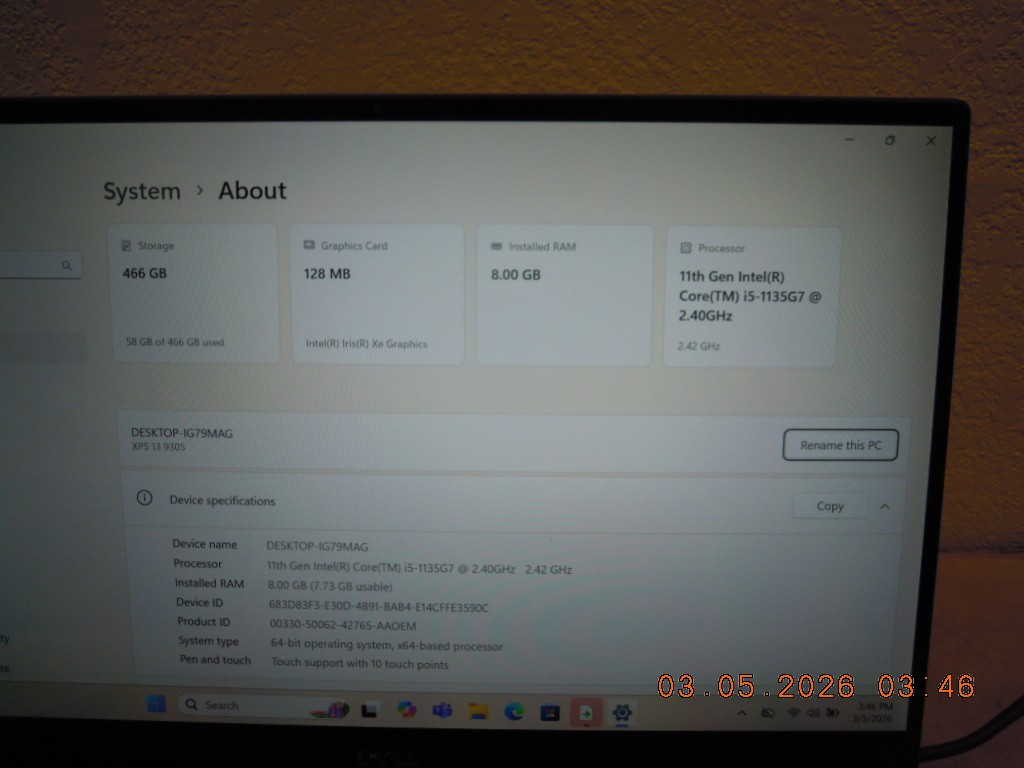 Dell XPS 13 9305 Laptop | i5-1135G7 @ 2.40GHz | 8GB RAM | 500GB M.2 | Win 11 Pro