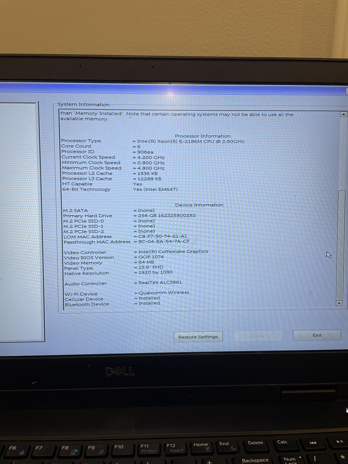 DELL PRECISION 7530 15.6″ E-2176M 2.70GHz 16GB RAM 256GB SSD Grade D