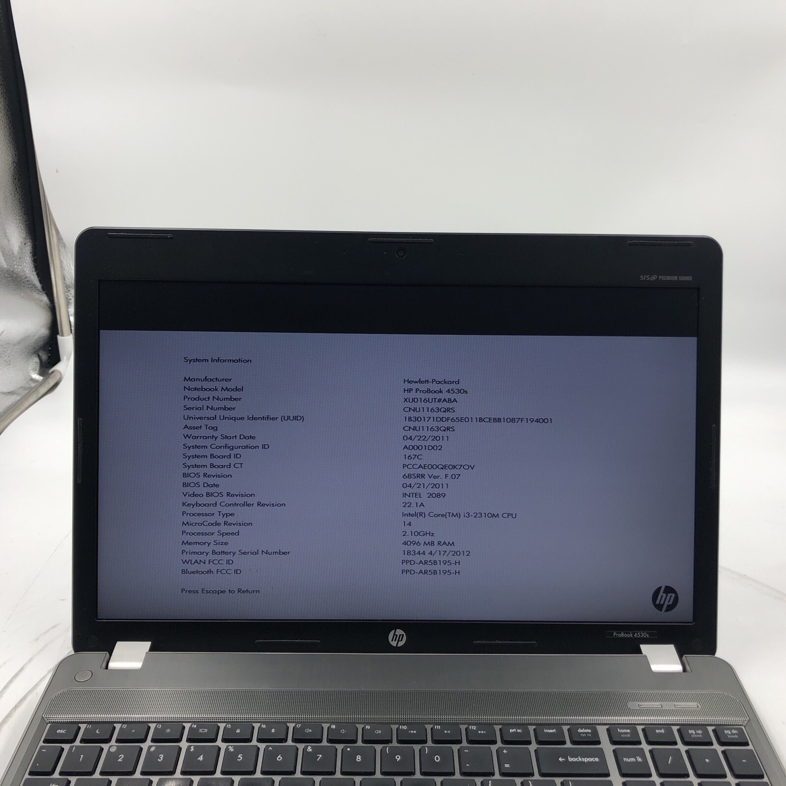 HP ProBook 4530s Laptop i3-2310M 2.1GHz 4GB NO HDD/OS Dead Board/GPU (FOR PARTS)