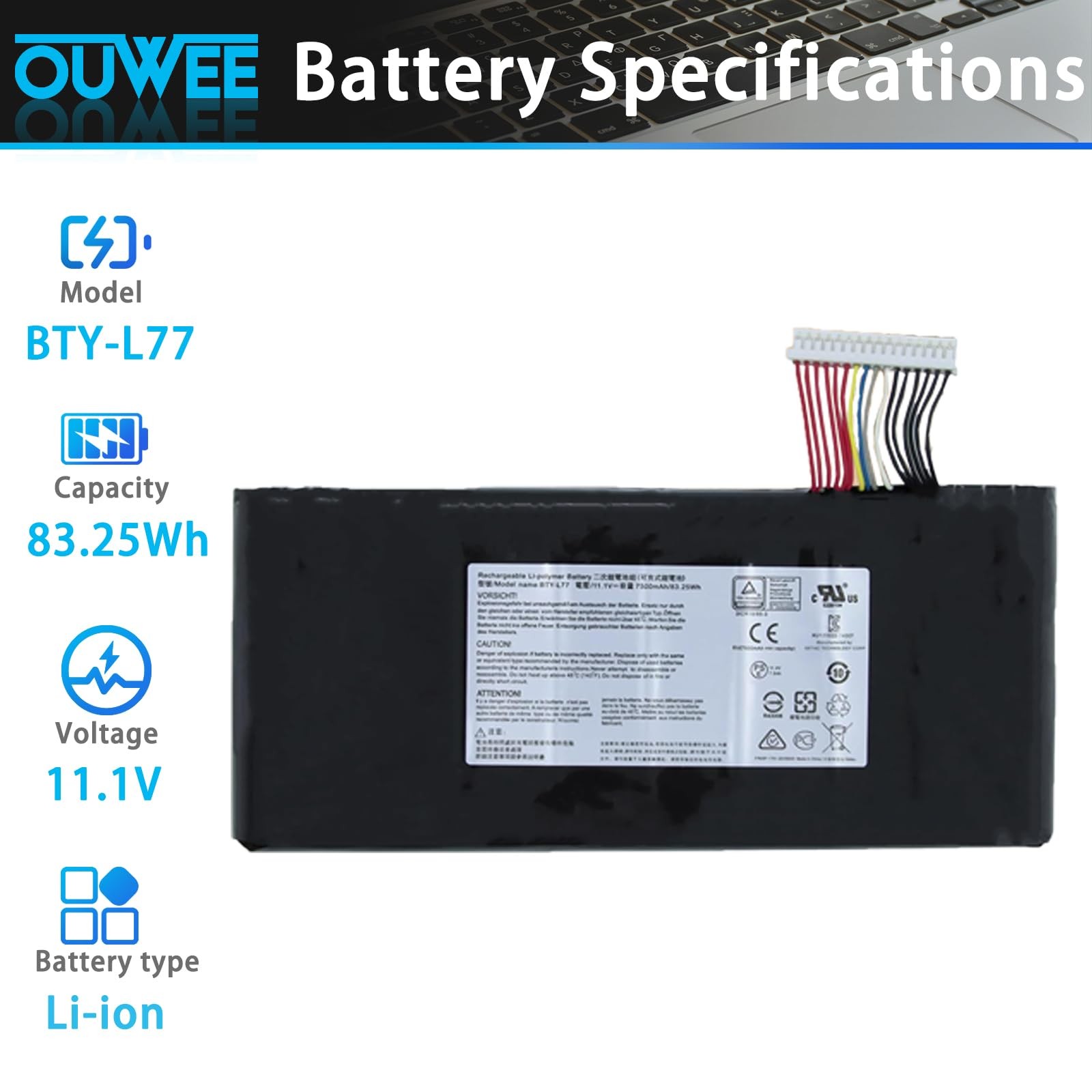 OUWEE BTY-L77 Laptop Battery for MSI GT72 Series 11.1V 7500mAh 83.25Wh