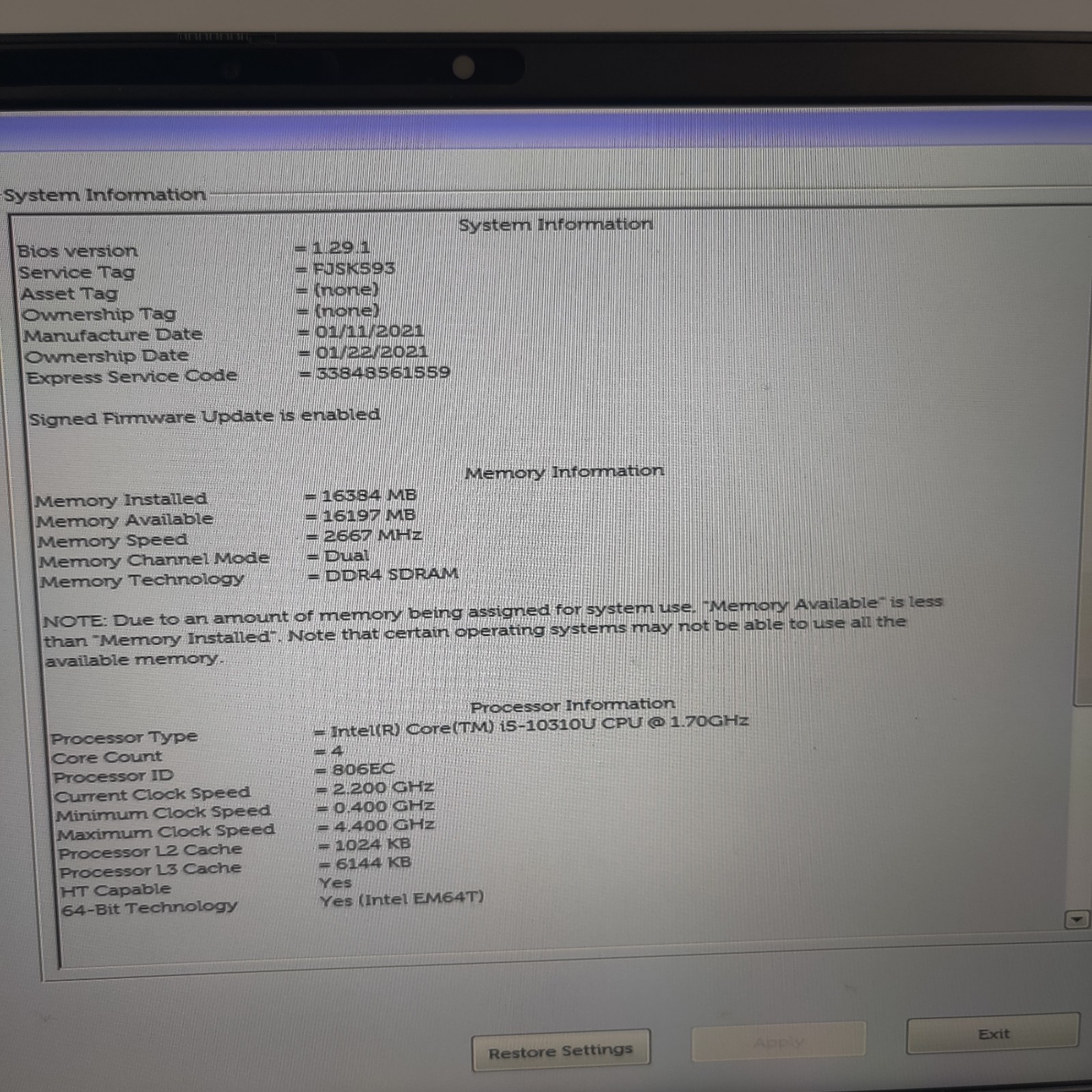 DELL LATITUDE 7410 CORE I5-10310U 16GB RAM NO SSD/OS/POWER ADAPTER/BATTERY