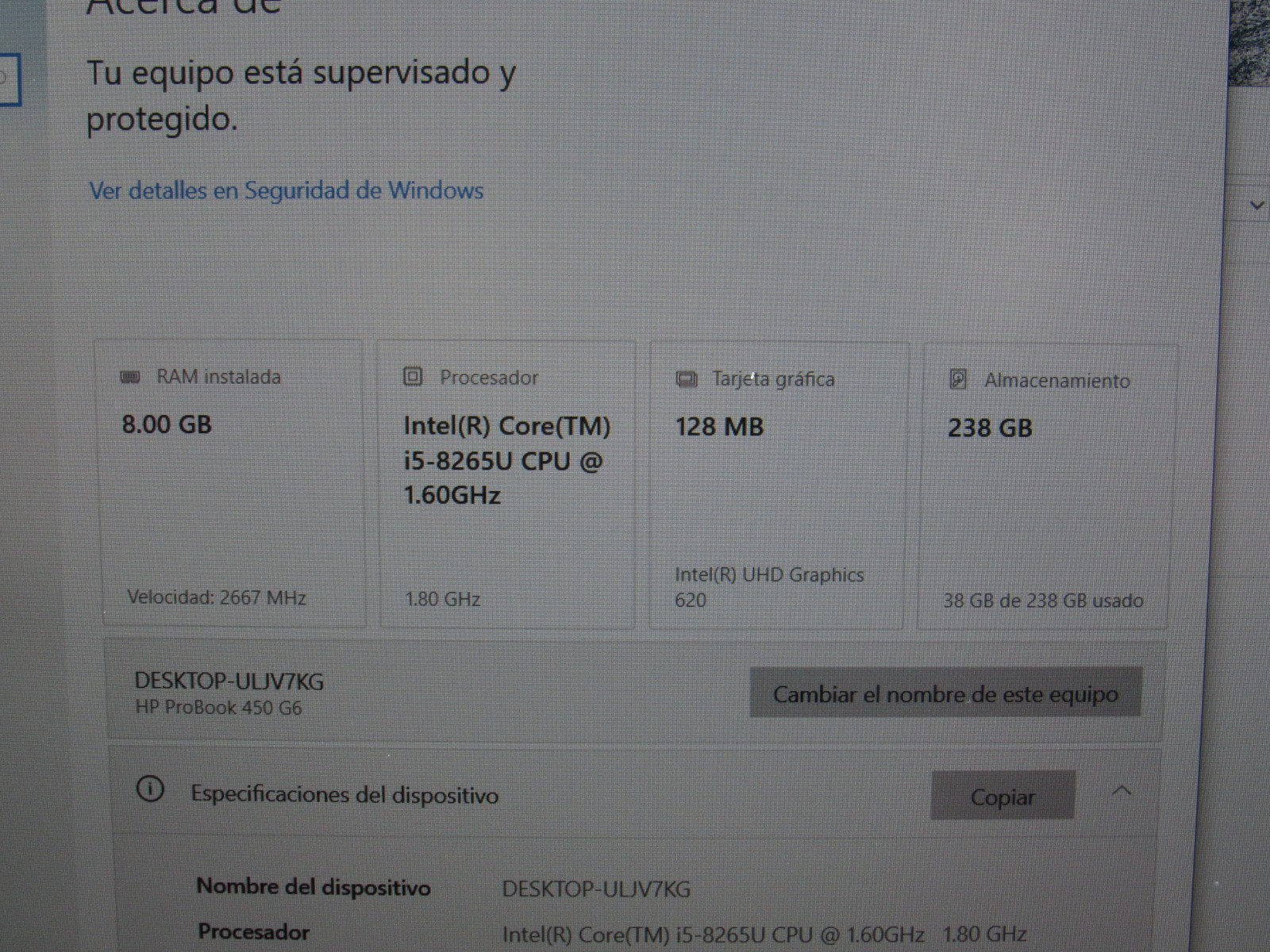 HP Probook Core i5 8th gen – 8265U CPU- 1.60GHz – 8GB – 128 MB Graphics 238 GB