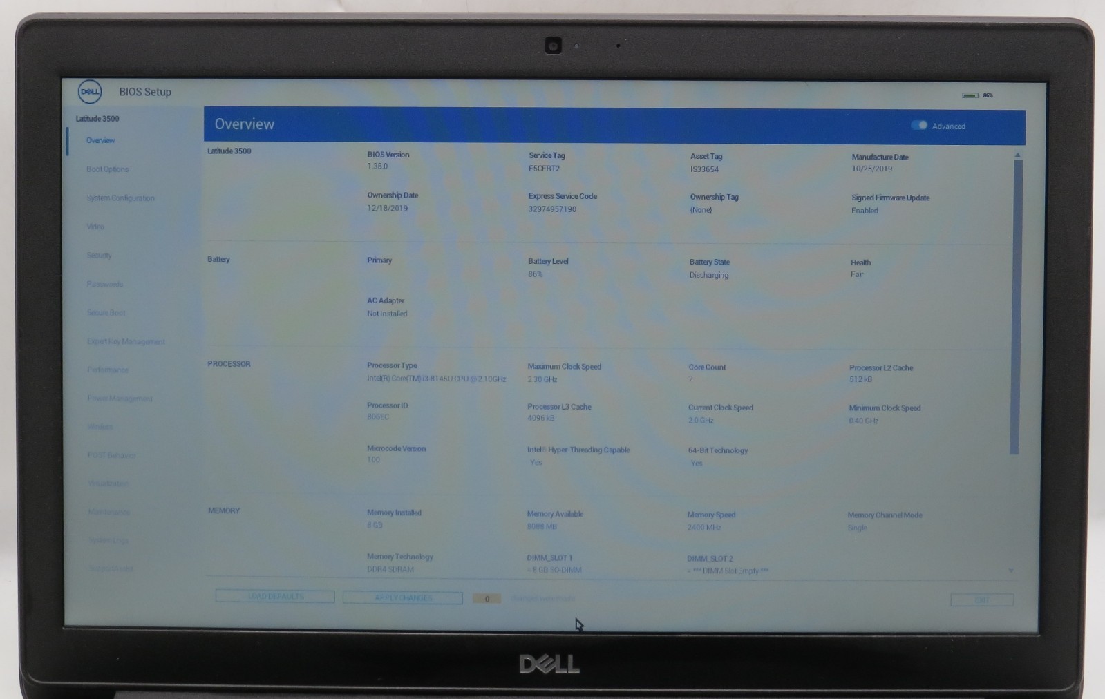 Dell Latitude 3500 i3-8145U @ 2.10 8GB DDR4 256GB M.2 No OS