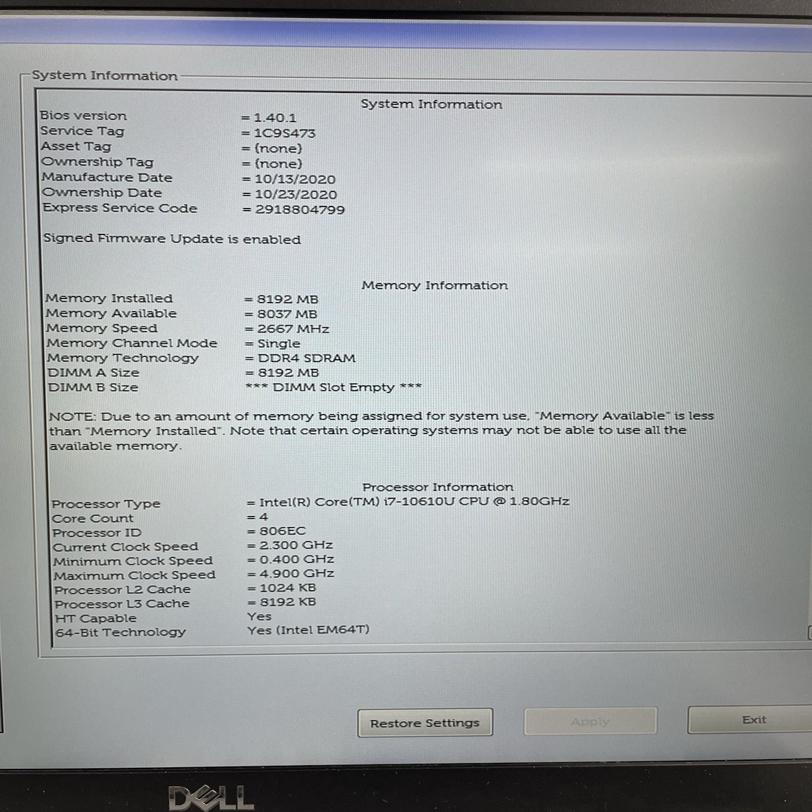 Dell Latitude 5410 14″ i7-10610U 1.80 GHz 8 GB RAM No SSD/OS/AC/Batt – READ