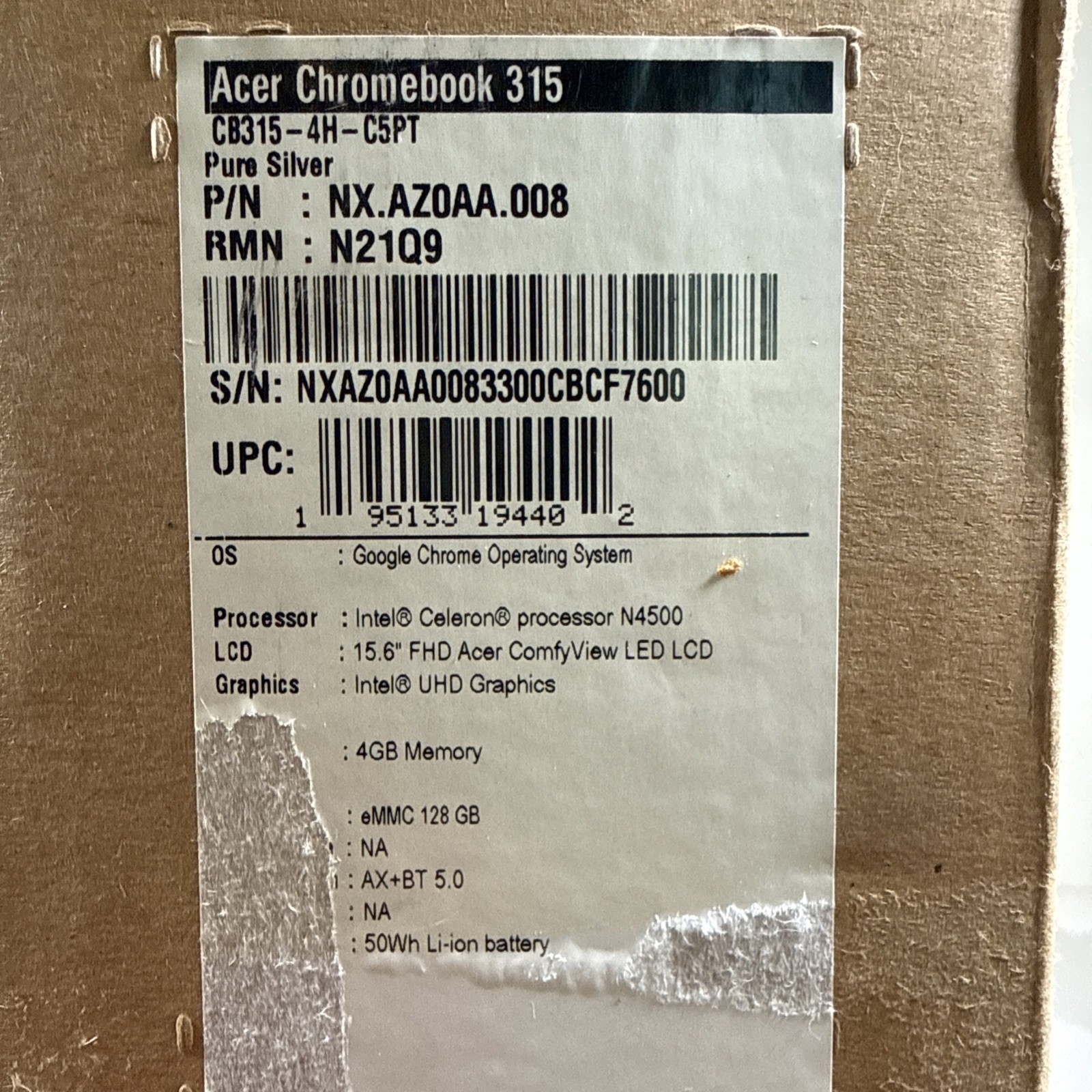 New Acer Chromebook 315 15.6″ FHD N4500 4GB 128 eMMC 50Wh Li-ion Battery 2023*