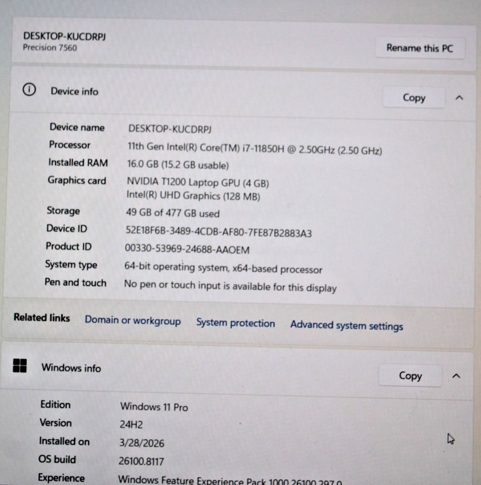 DELL PRECISION 7560 INTEL i7-11850H @ 2.50GHz 16 GB RAM SSD 512 GB WIN 11 PRO.