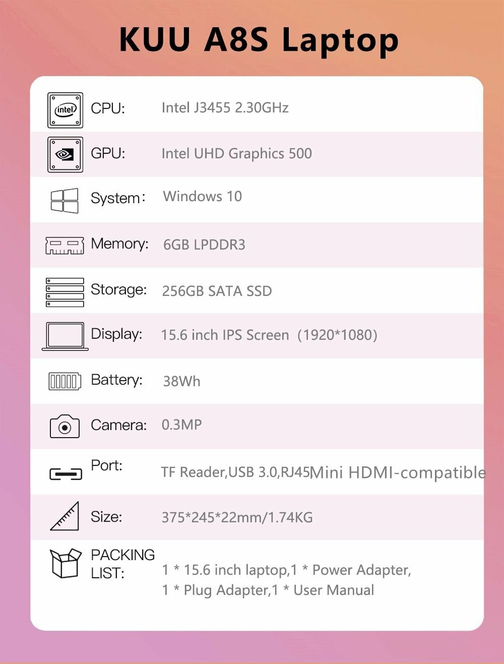 Dere V14S 14.1inch Laptop Intel Celeron N5095 DDR4 12GB RAM 256GB SSD Backlit Ke