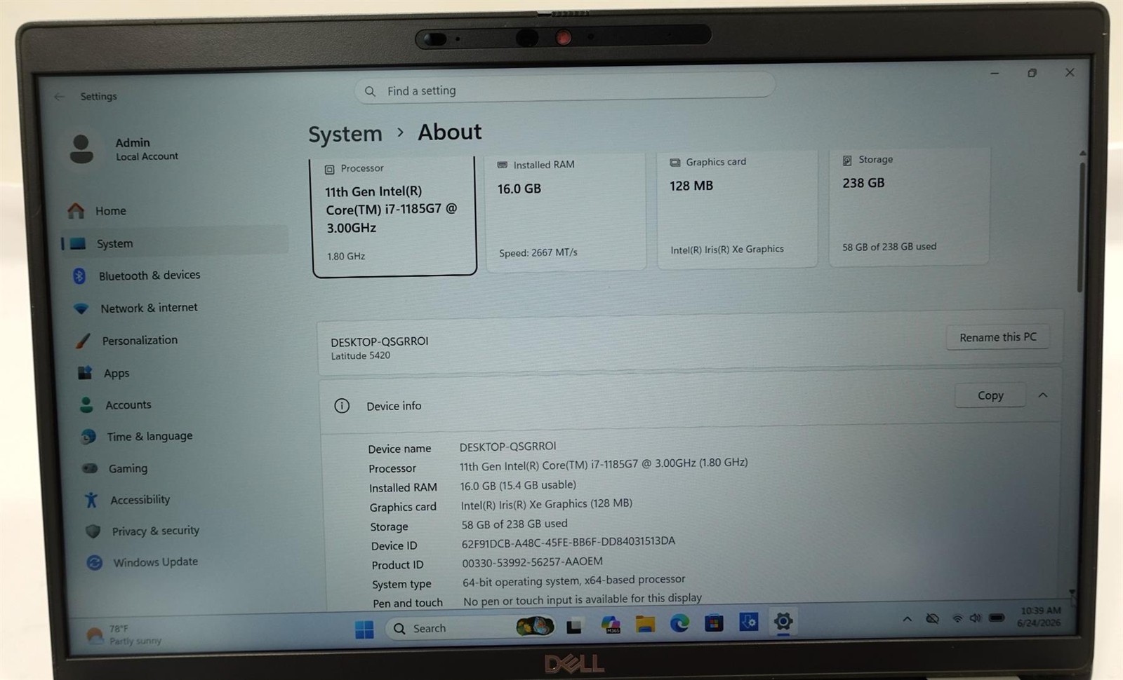 Dell Latitude 5420 14″ Core I7-1185G7 3.00GHz 16GB 256GB SSD Laptop