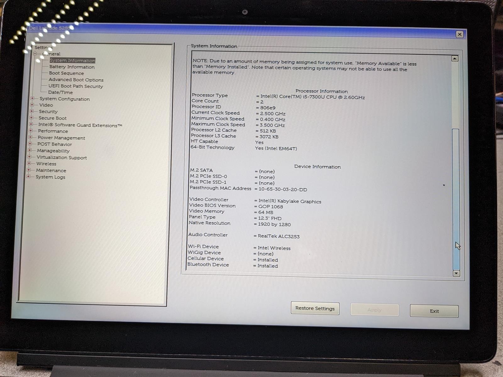 DELL LATITUDE 5285 I5-7300U @ 2.6GHz, 8GB RAM, NO HDD/OS