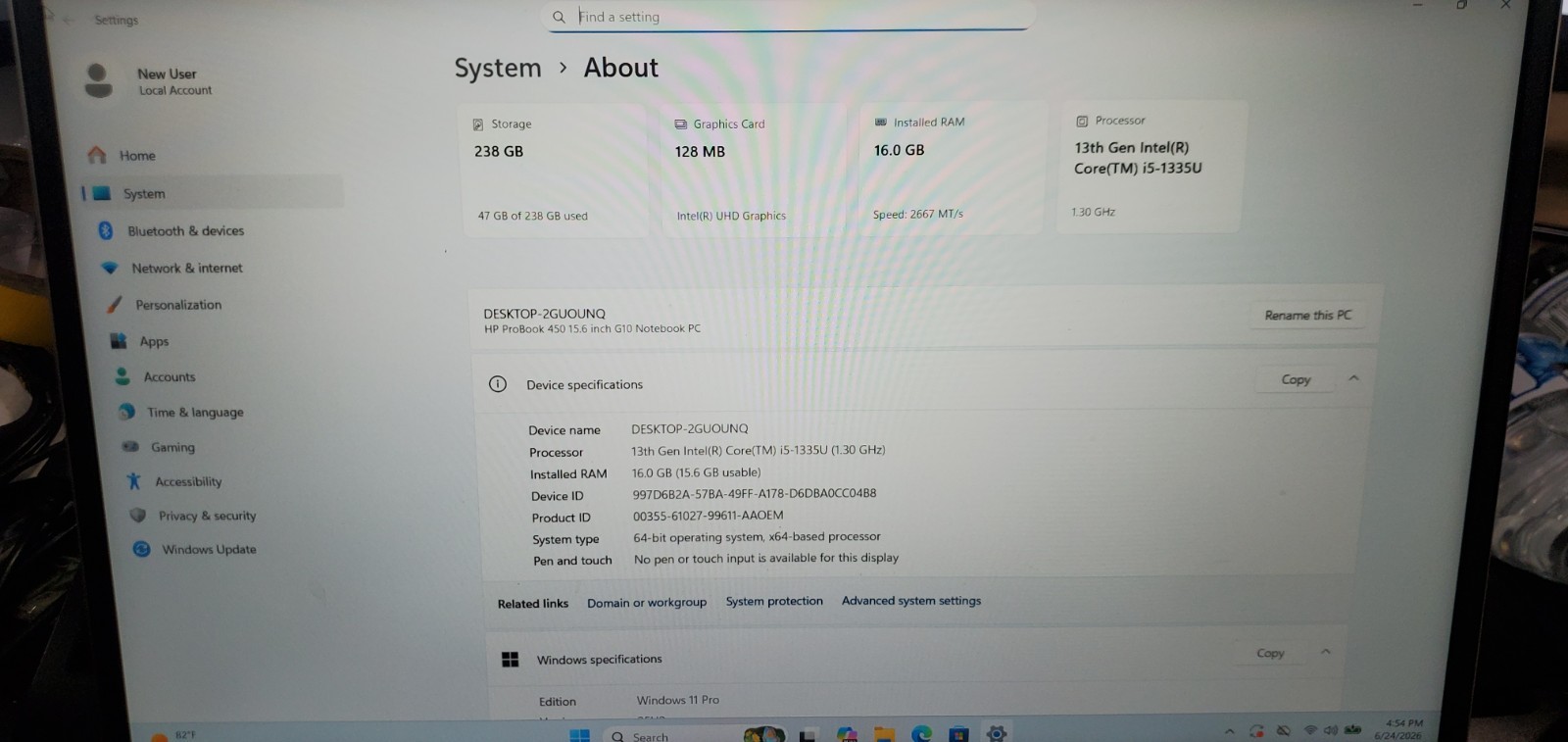 HP ProBook 450 G10 Laptop 15.6 in Intel Core i5-13th Gen 16GB RAM 256GB SSD W11P