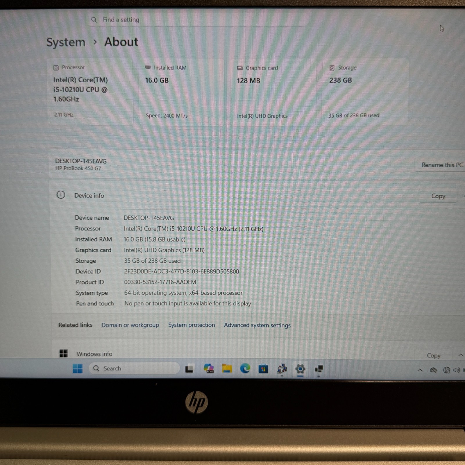 HP ProBook 450 G7 15.6″ i5-10210U 16GB RAM 256GB SSD Win 11 Pro Webcam Laptop