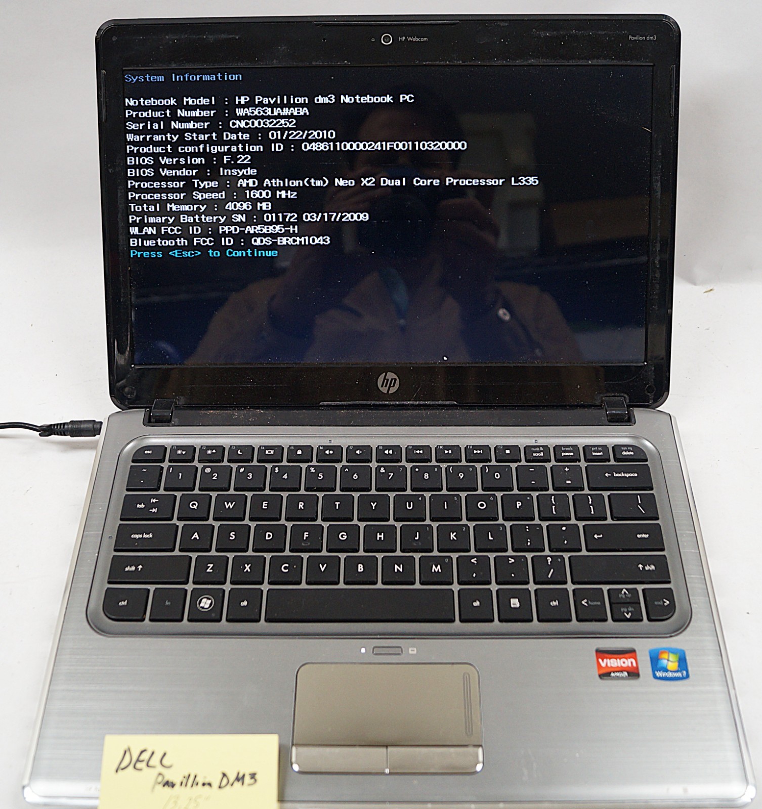 HP PAVILION DM3 13.25″ 1.6MHz 4GB Mem Win7 No HD Missing Bottom Cover PoR E112