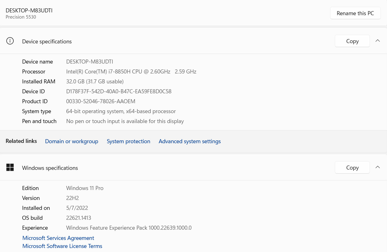 Dell Precision 5530 | i7-8850H 2.6GHz | 32GB RAM | 512GB NVME | Quadro P1000 BLK
