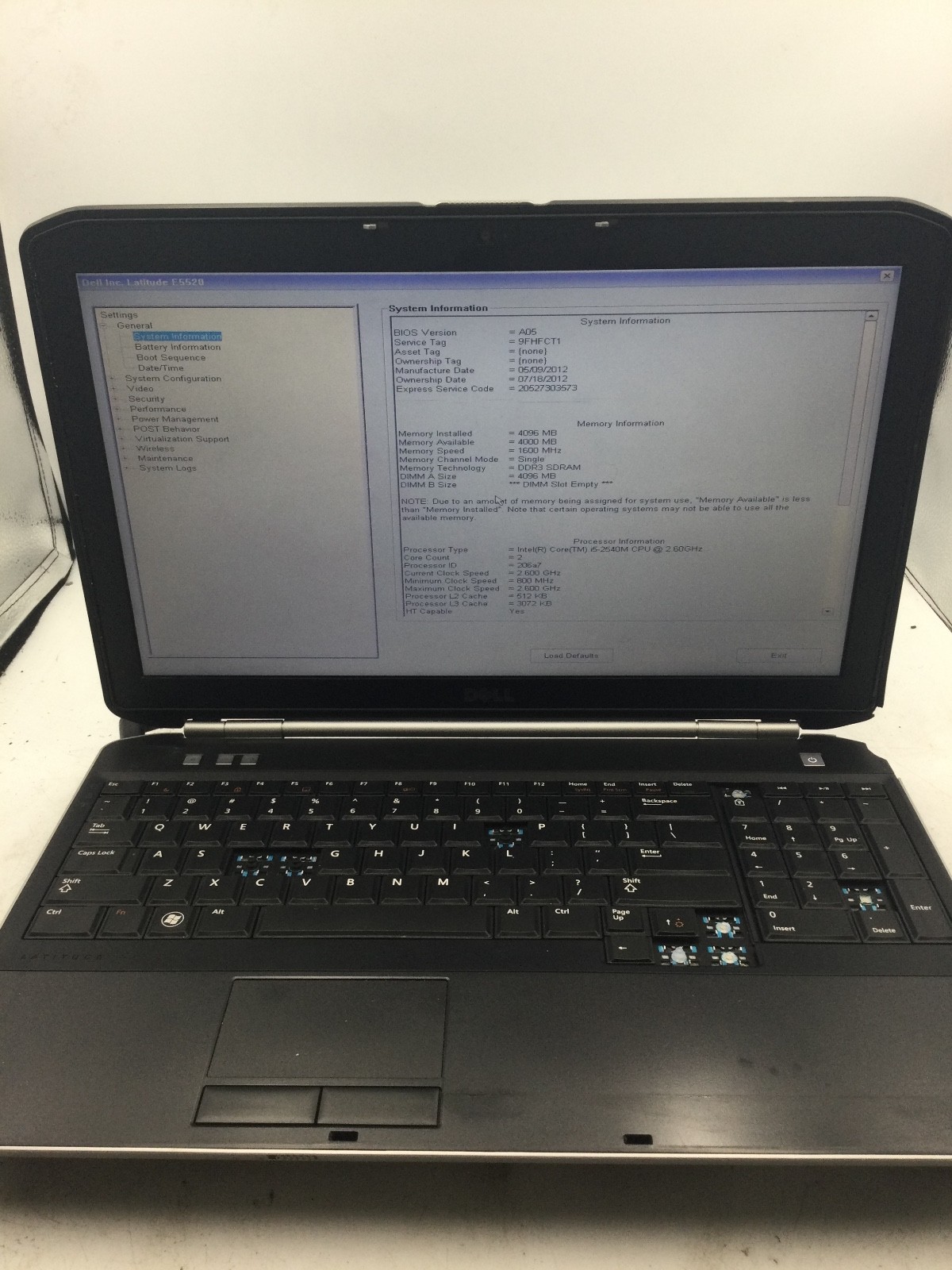 DELL LATITUDE E5520 – BOOTS TO BIOS – INTEL I5 2540 – NO RAM – 15″ – READ – BB!