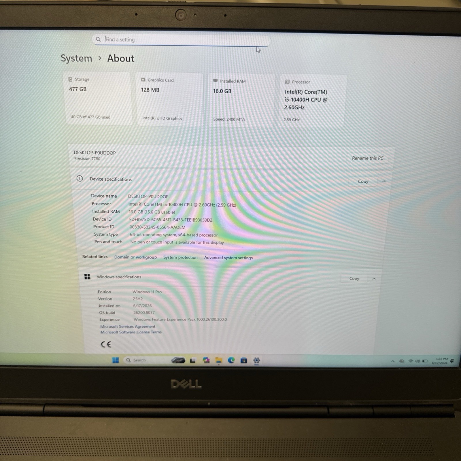 Dell Precision 7750 17.3” i5-10400H 16GB RAM 512GB SSD Win11 Pro 180W AC