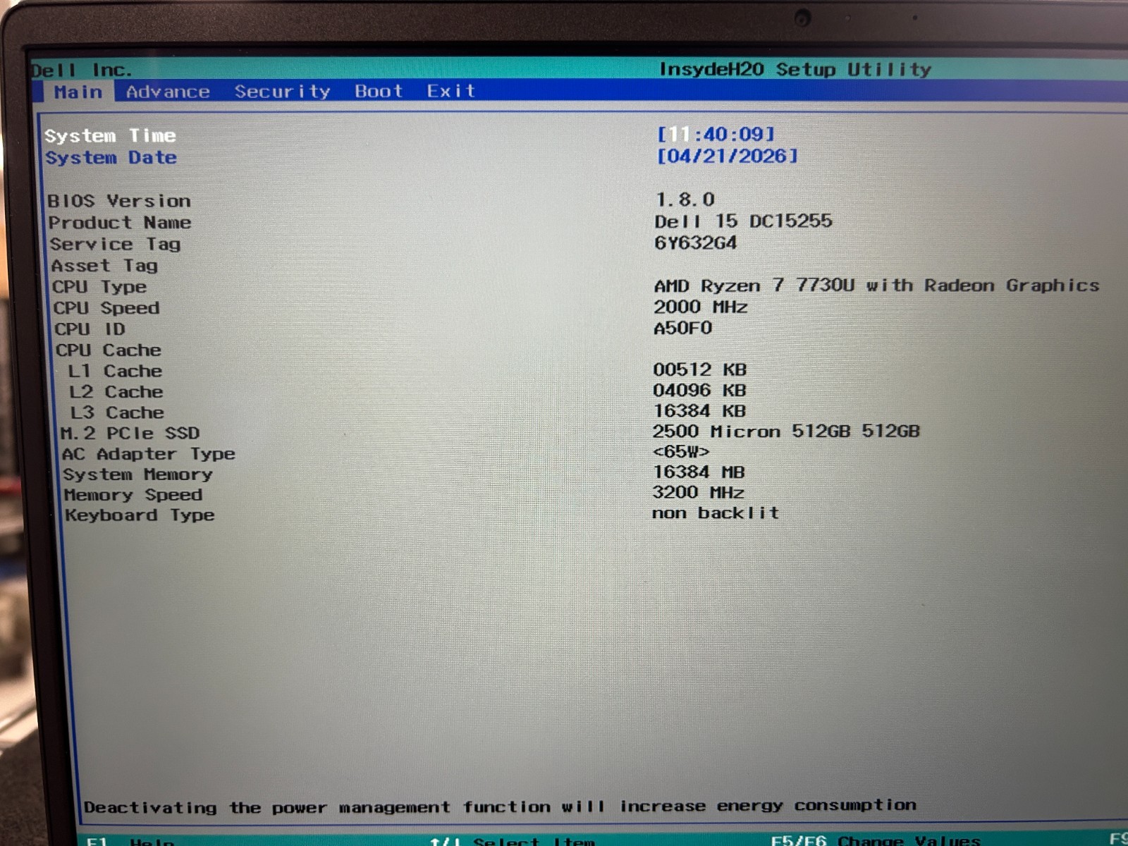 DELL 15 DC15255 G8MK9, AMD Ryzen 7 7730U, 2.00 GHz,, 16 GB RAM,, 512 GB NVMe SSD