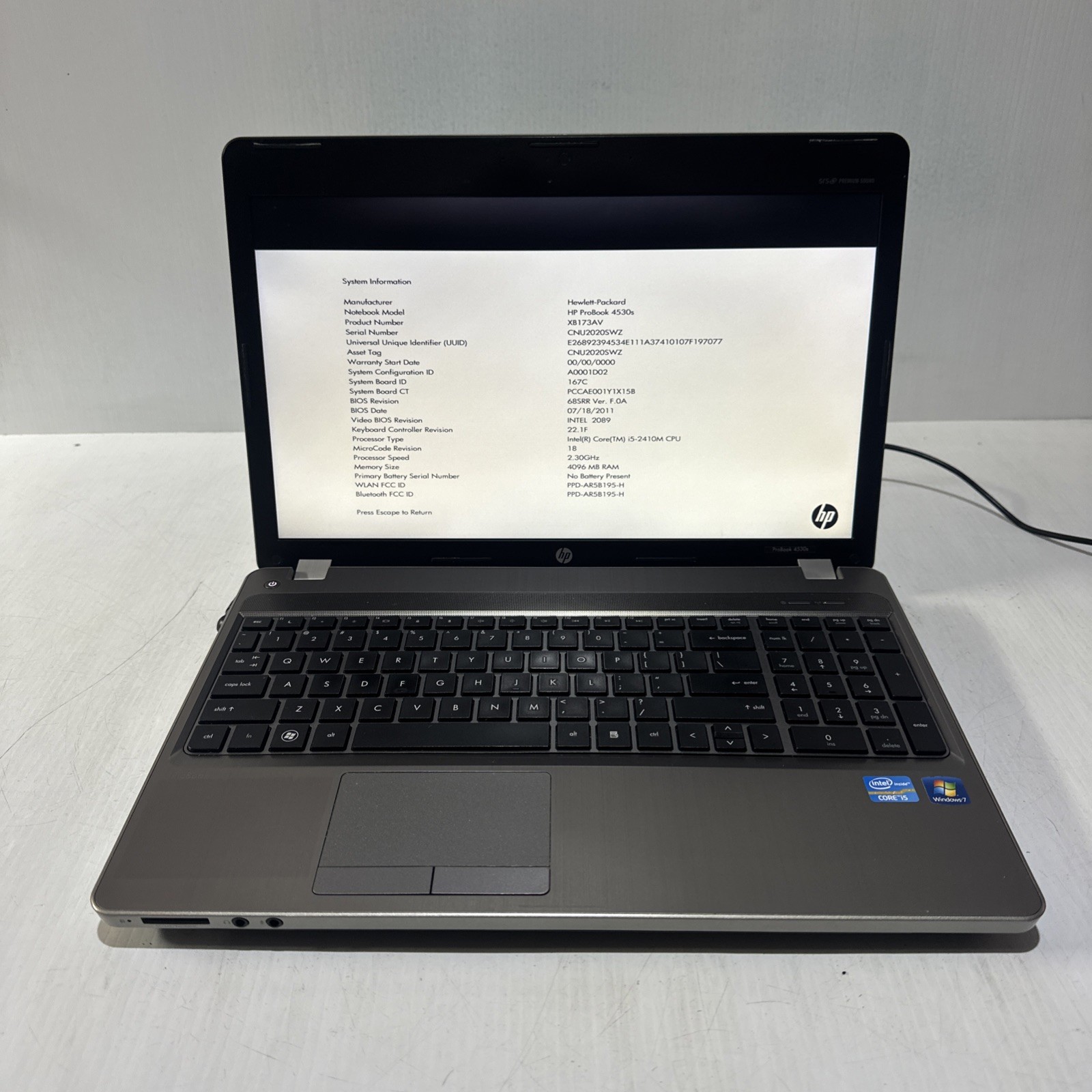 Hp Probook 4530s 15″ Laptop i5-2410m 4gb Ram No Drives No Battery Powers On