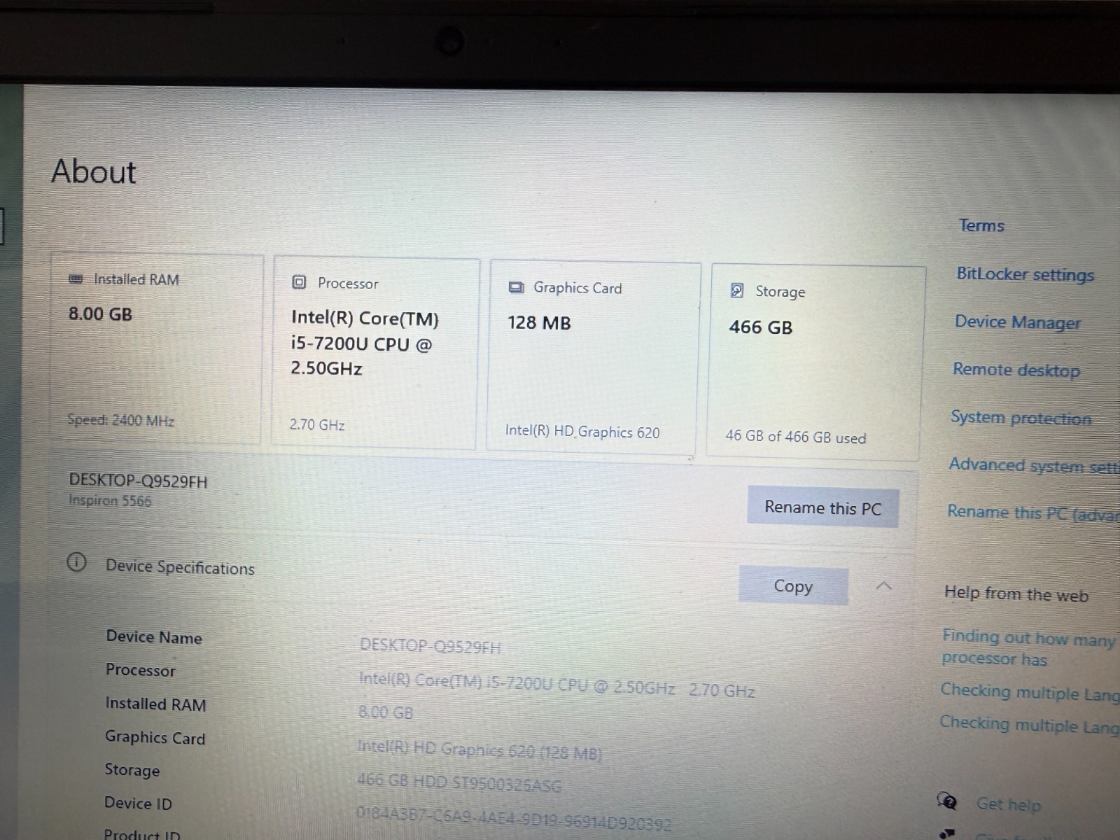 Dell Inspiron 5566 i5 7200 8GB RAM 500GB HDD Windows 10 Pro
