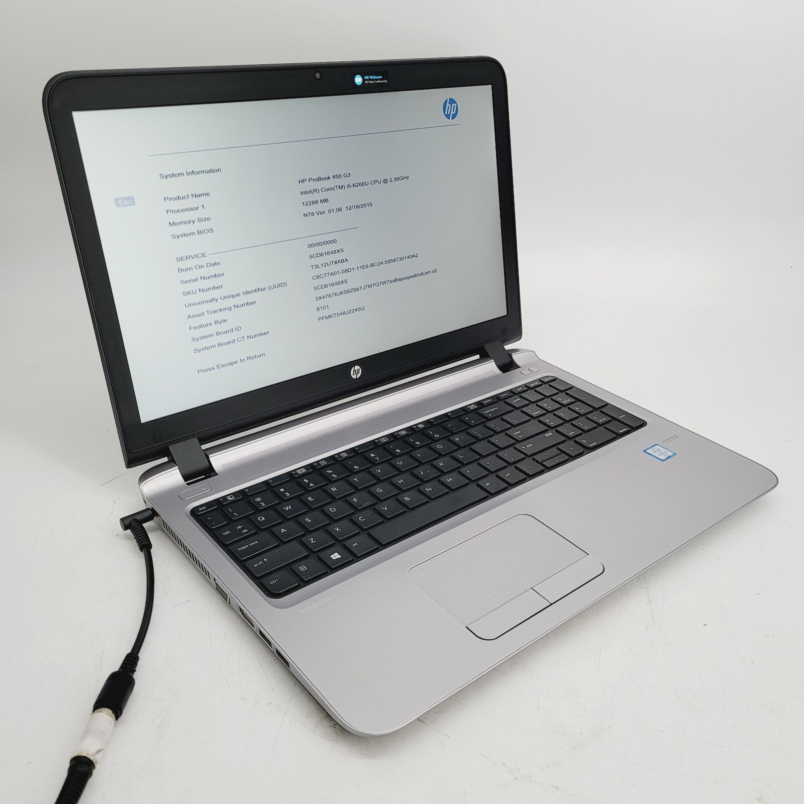 HP ProBook 450 G3 Core i5 6200U 2.3GHz 12GB RAM No HDD 15.6″ – ***BOOT TO BIOS