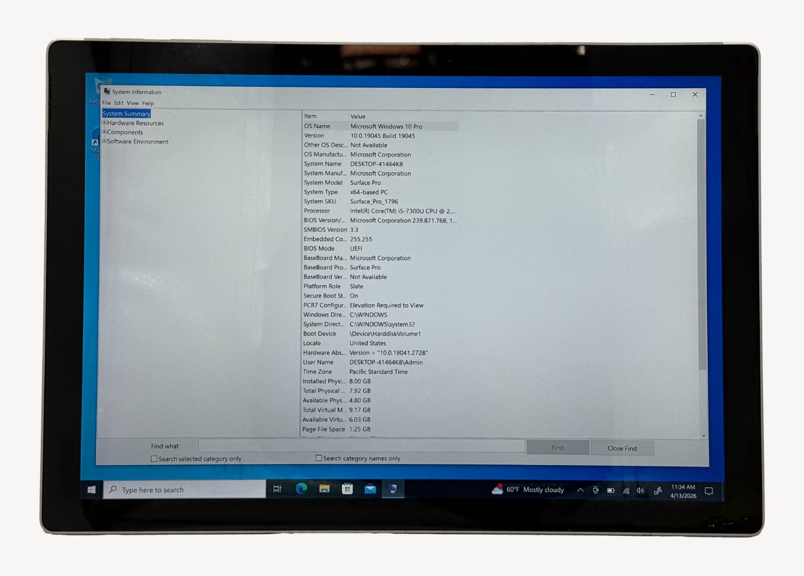 Microsoft Surface Pro 5 1796 i5-7300 2.6GHz 8GB RAM 256GB SSD Windows 10