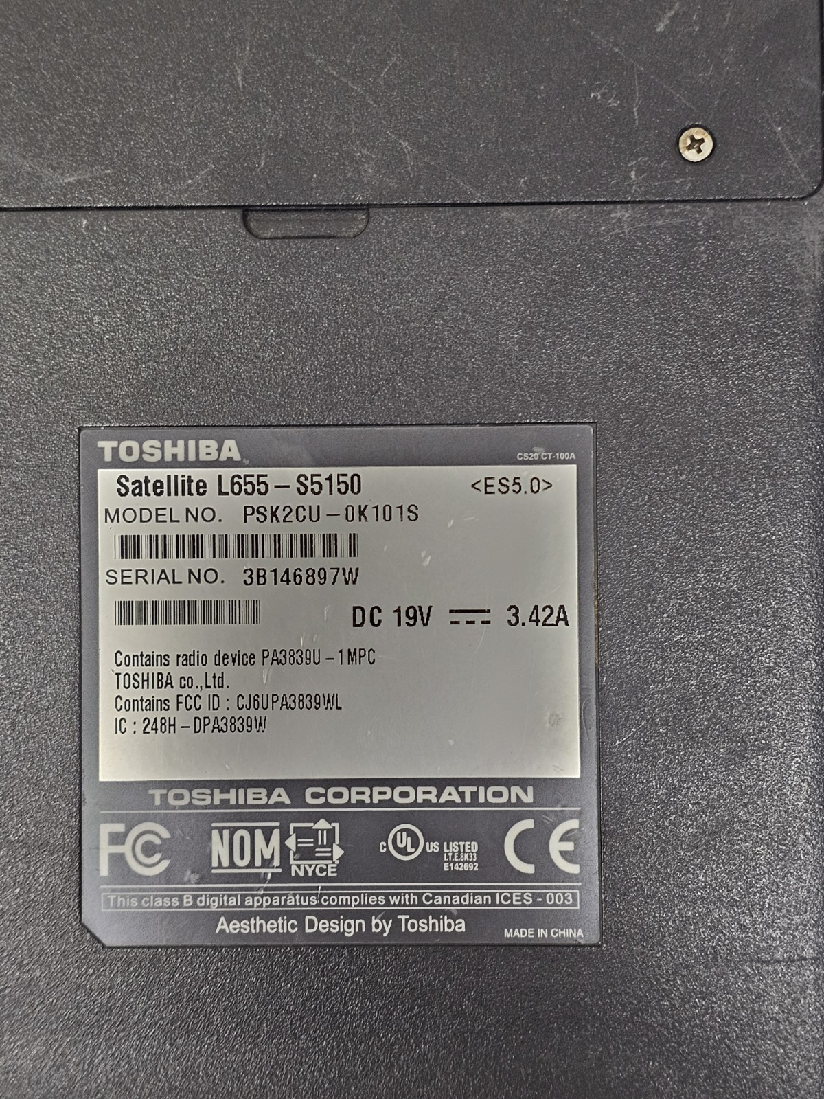 Toshiba Satellite L655-S5150 Laptop – Pentium P6200 – Parts – Read Description