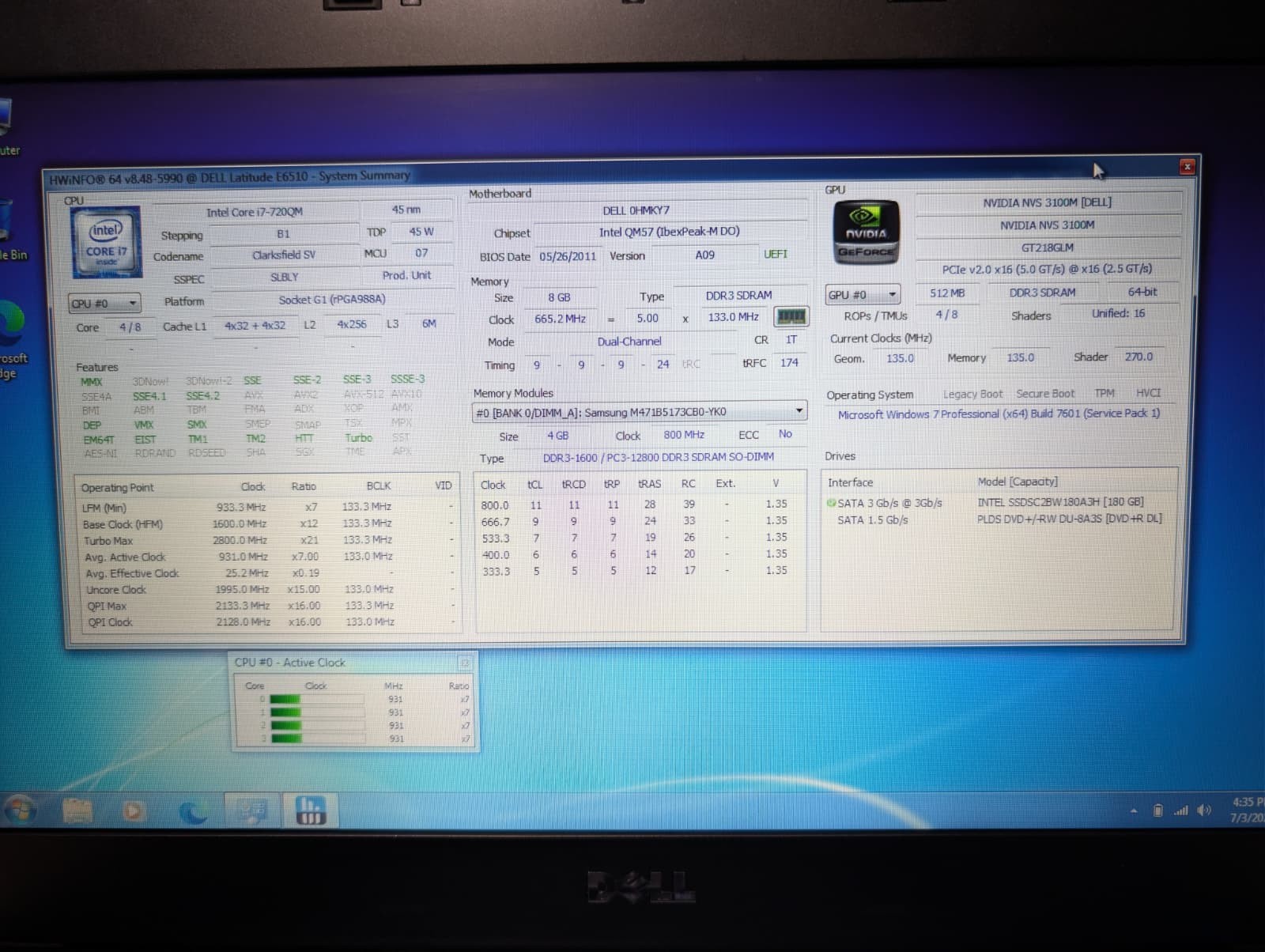 15″ Dell Latitude E6510 | i7 8GB RAM 180GB SSD | HD NVIDIA Win 7 64-Bit DVD+RW