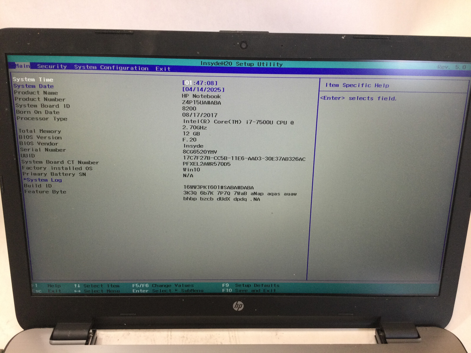 HP NOTEBOOK 17-X127CL – BOOTS TO BIOS – INTEL I7-7500U – NO RAM – READ DESC-BB