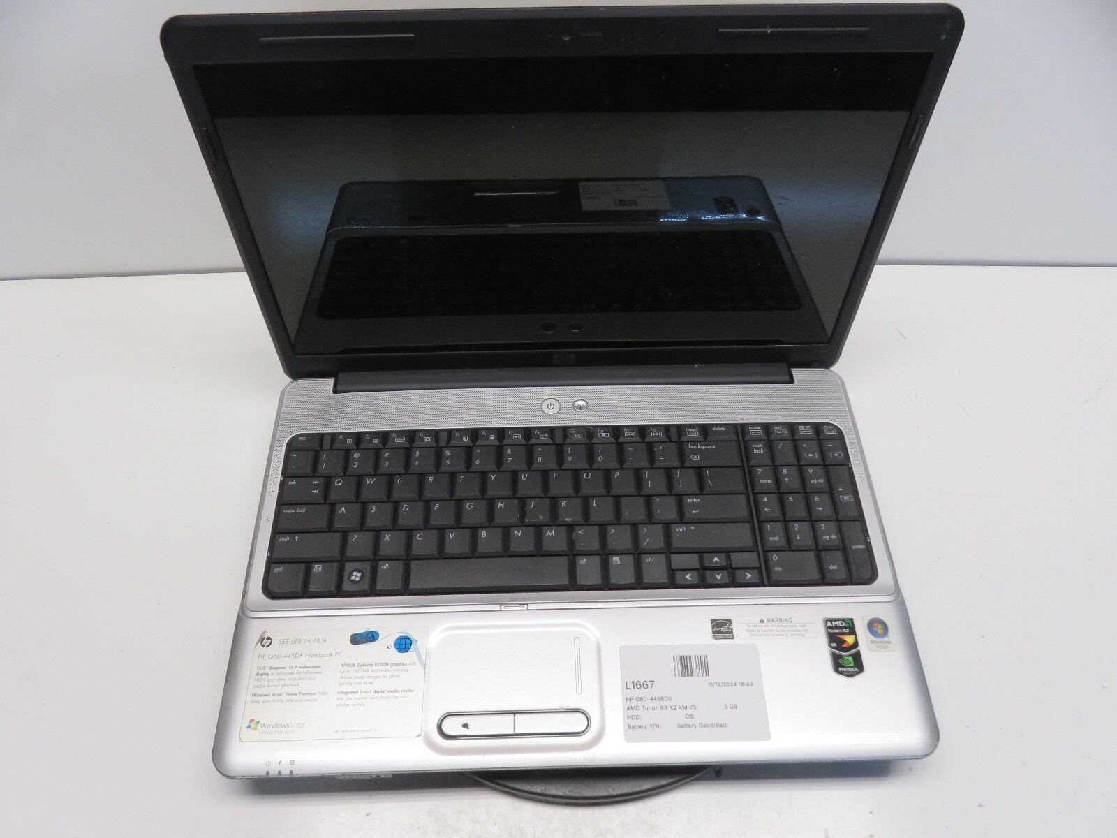 HP G60-4456DX AMD Turion 64 X2 RM-75 2.2GHz 3 GB NO HDD No Batt