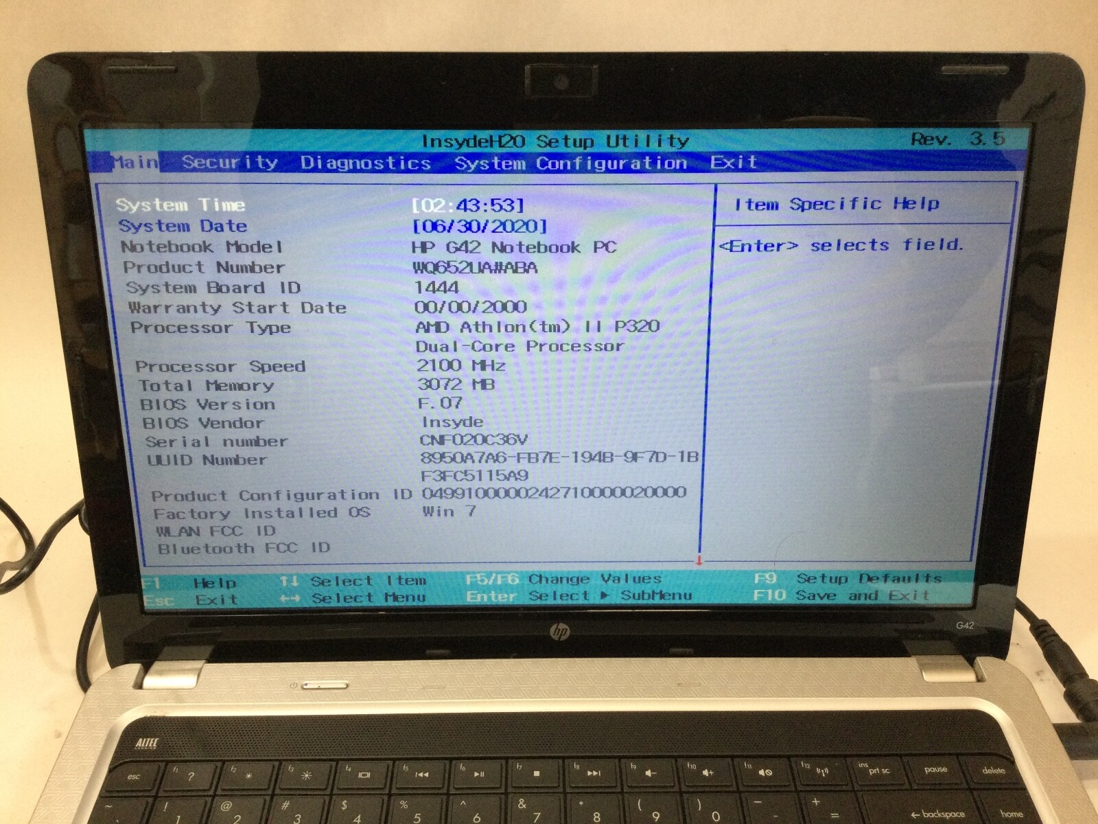 HP NOTEBOOK G42 – BOOTS TO BIOS – NO OS – 3GB ARM – READ DESCRIPTION – BB