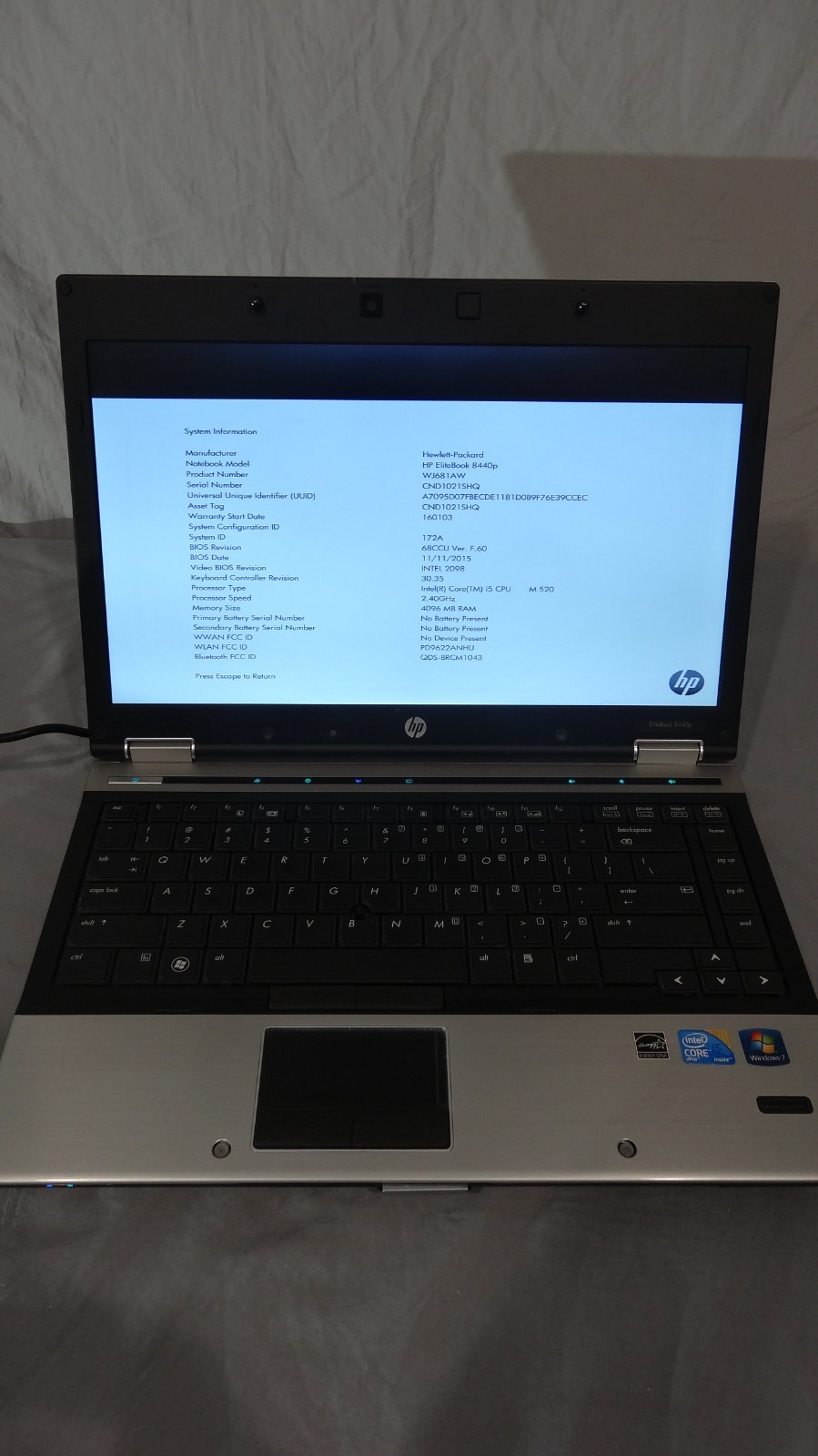HP ELITEBOOK 8440P – BOOTS TO BIOS – INTEL I5 M520 – 4GB RAM – Read Description