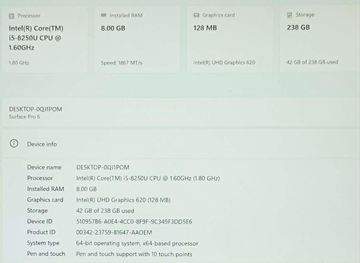 Microsoft Surface Pro 6 1796 Core i5-8250U 1.70GHz 8GB 256GB Tablet Only #207