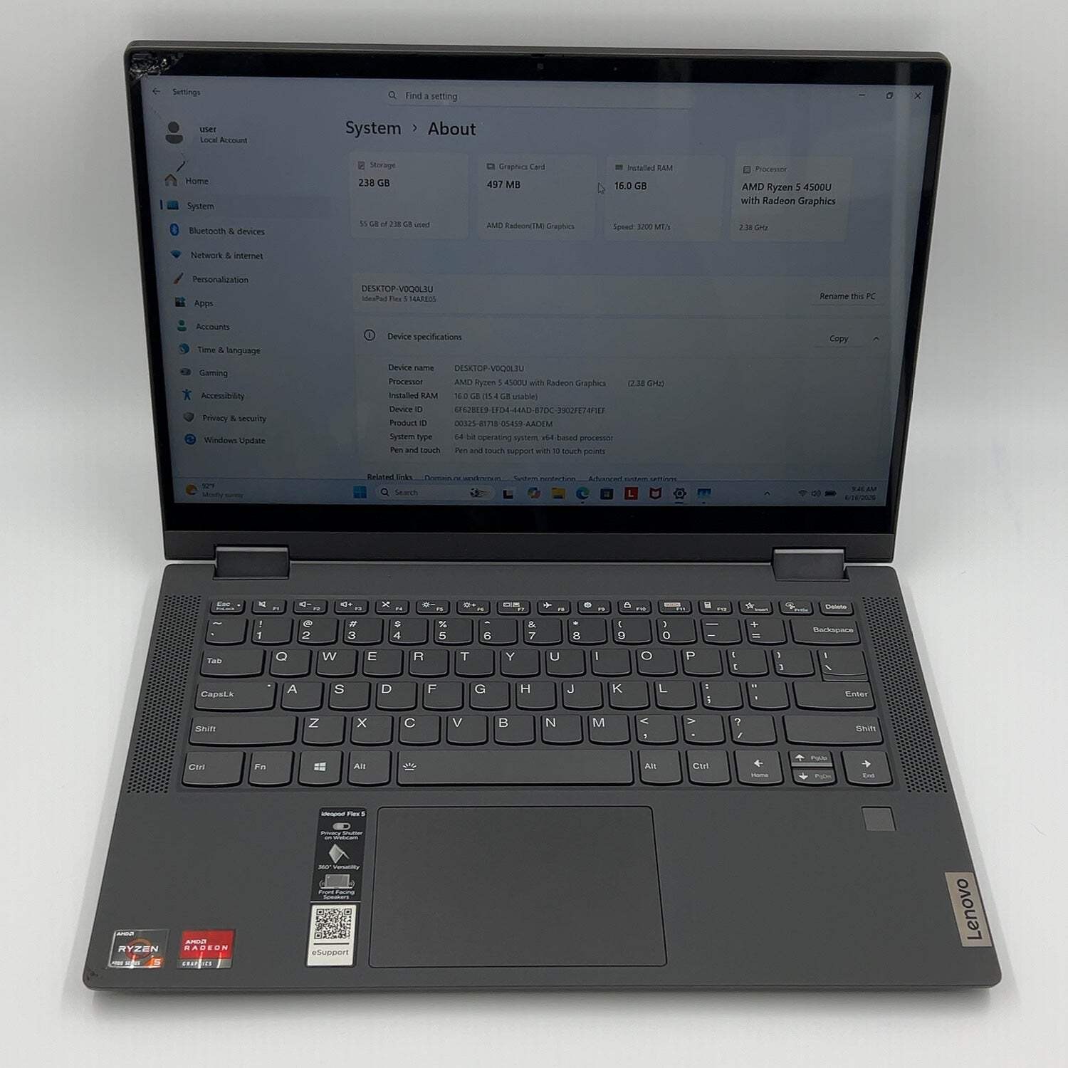 Broken Lenovo IdeaPad Flex 5 14ARE05 Ryzen 5 4500U 2.4GHz 16GB RAM 256GB CRACKED