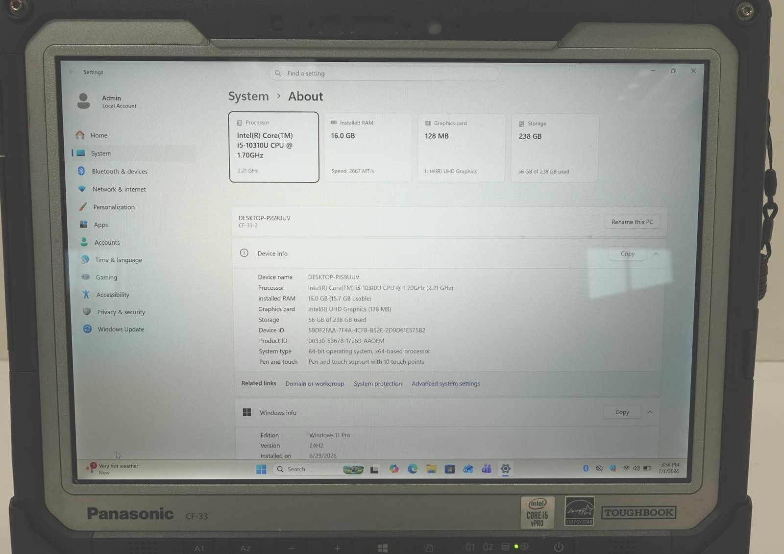 Panasonic Toughbook CF-33-2 Core i5-10310U 1.70GHz 16GB 256GB Touch