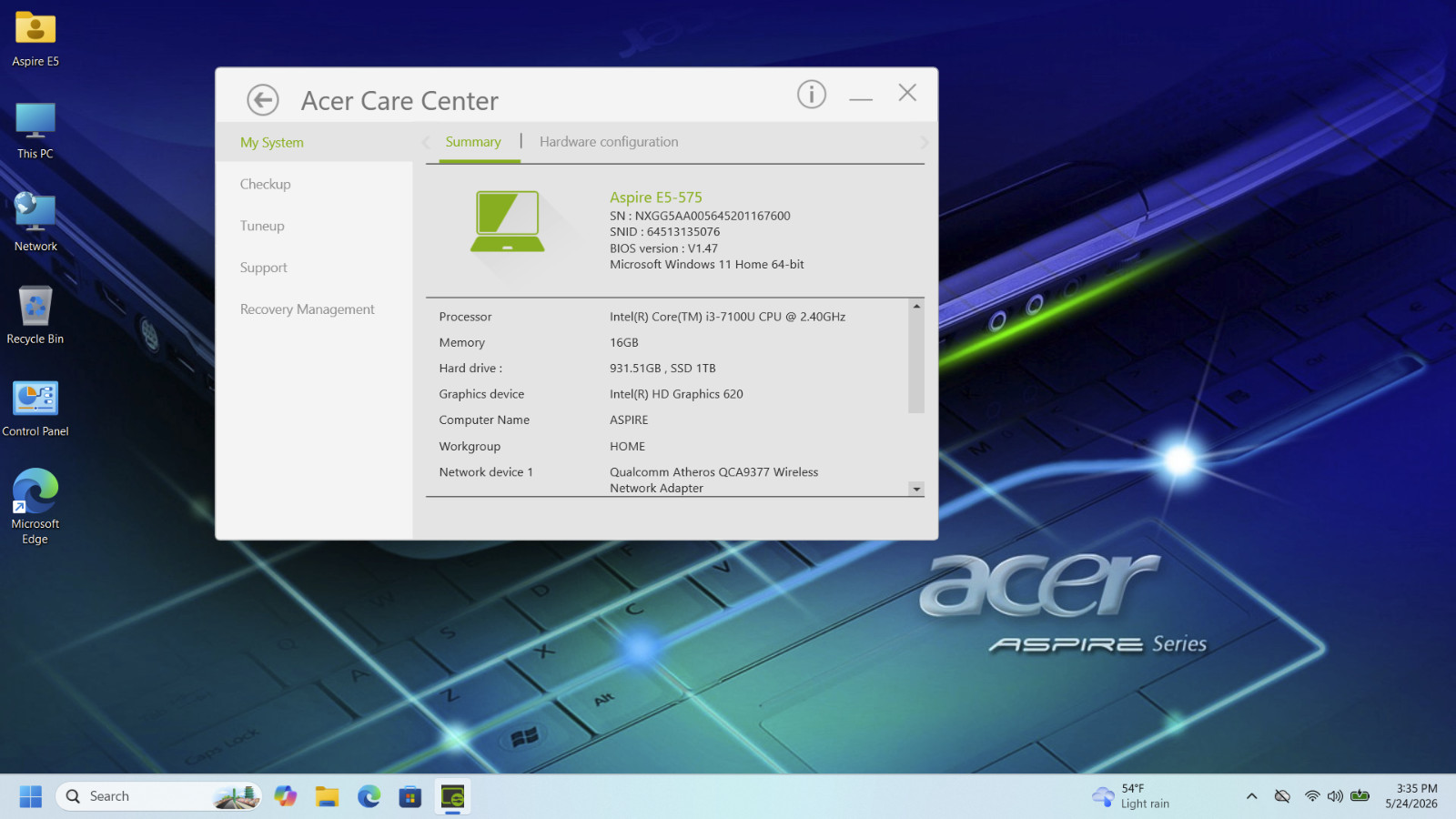 Acer Aspire E5-575; Intel Core i3-7100 @2.40GHz 15.6″ 1TB SSD 16GB RAM Laptop