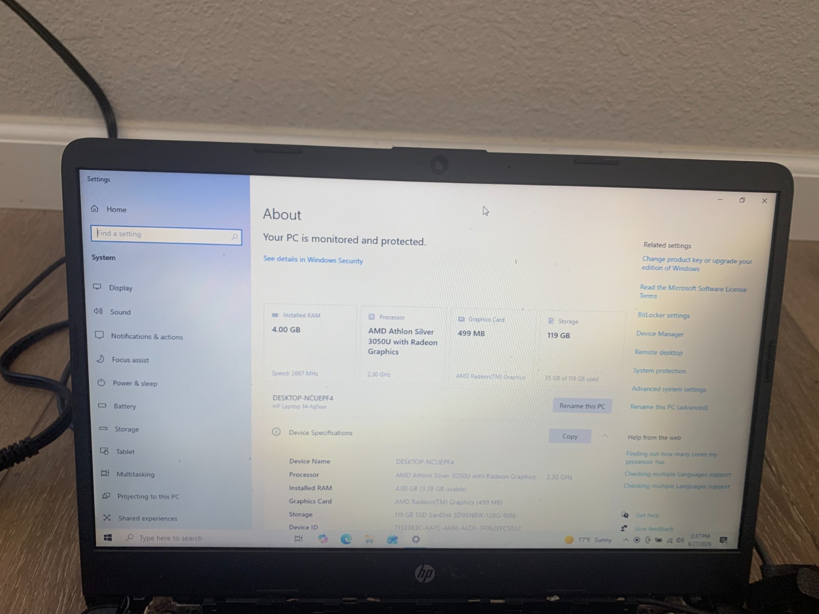 HP 14-fq0013dx 14″AMD Athlon Silver 3050U 2.30Ghz 4GB RAM 128GB SSD Win 10 Home