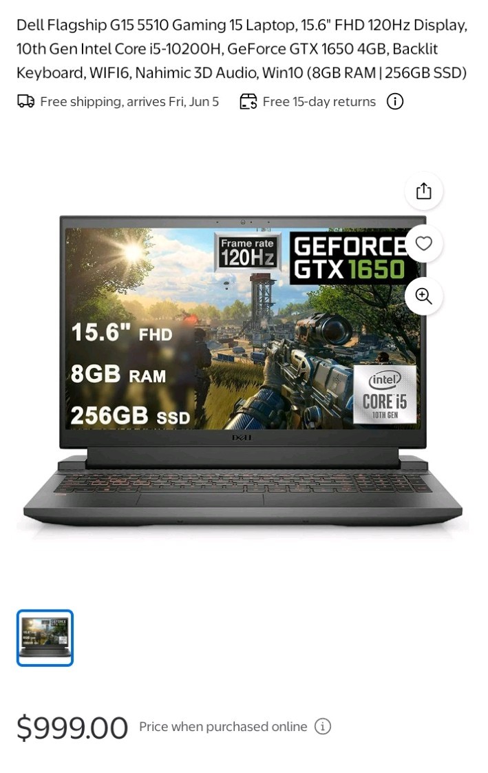 Dell G15 Gaming Laptop 15.6in Intel Core i5 GeForce GTX Windows 11 Black