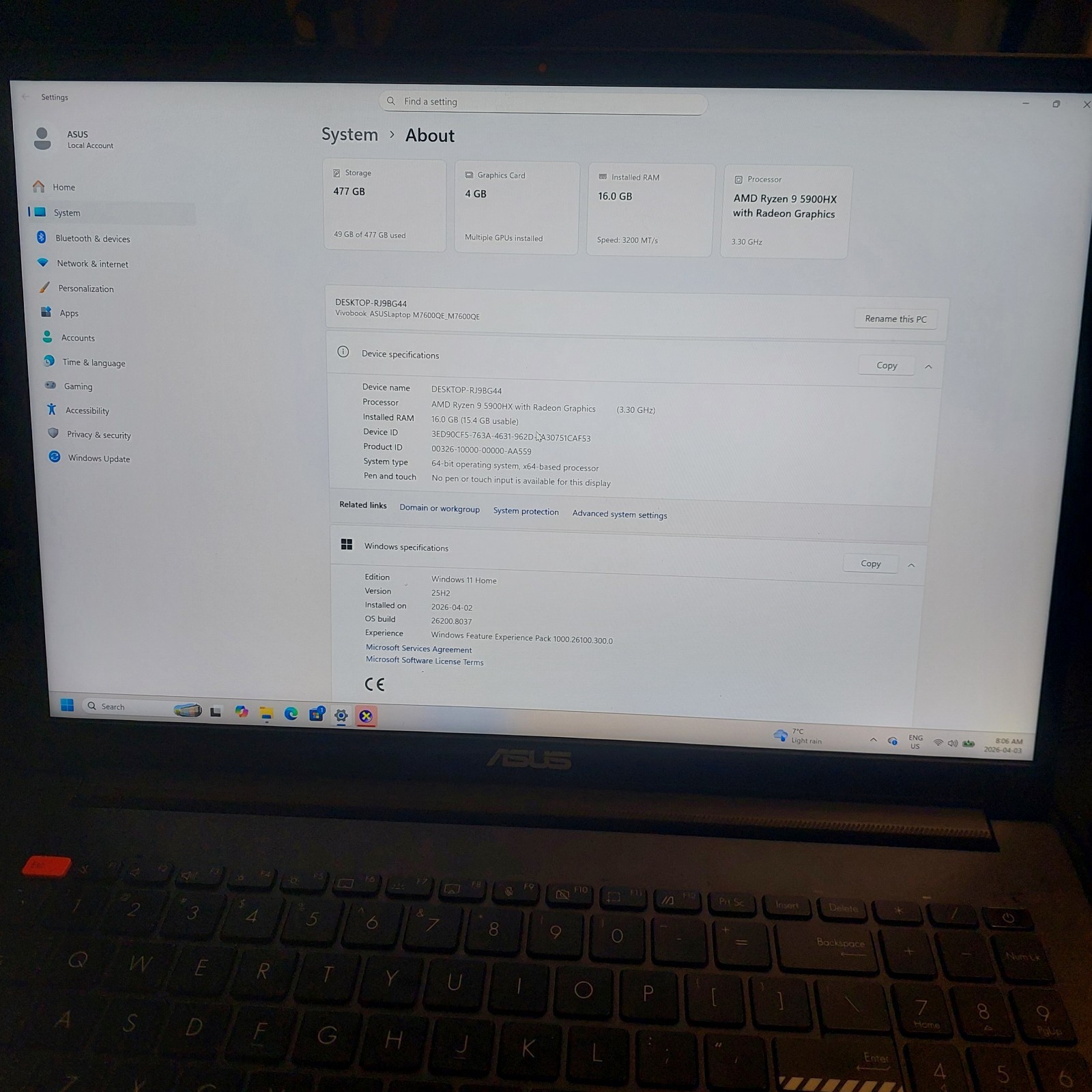 ASUS Vivobook M7600QE – AMD Ryzen 9 5900 – NVIDIA GeForce RTX3050Ti – 16GB RAM