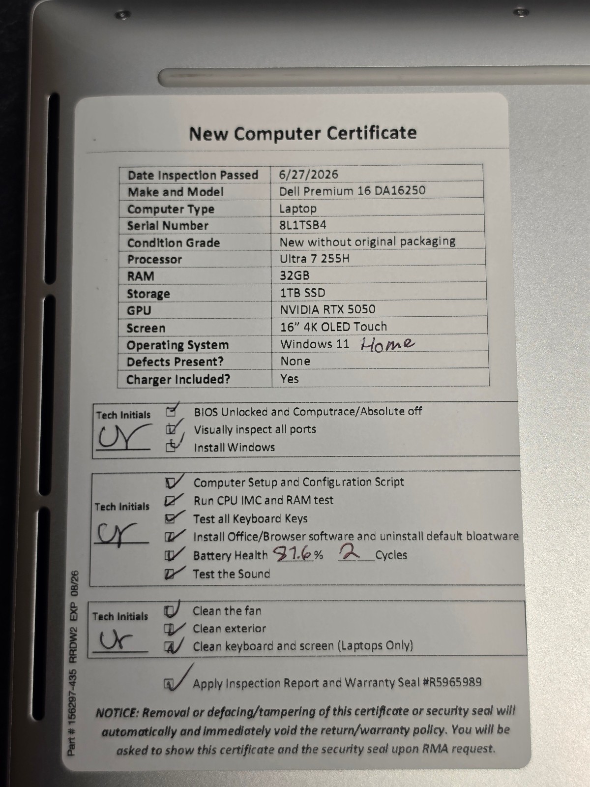 Dell XPS 16 Premium DA16250 4K OLED Touch Ultra 7 255H 32GB RAM 1TB SSD RTX 5050