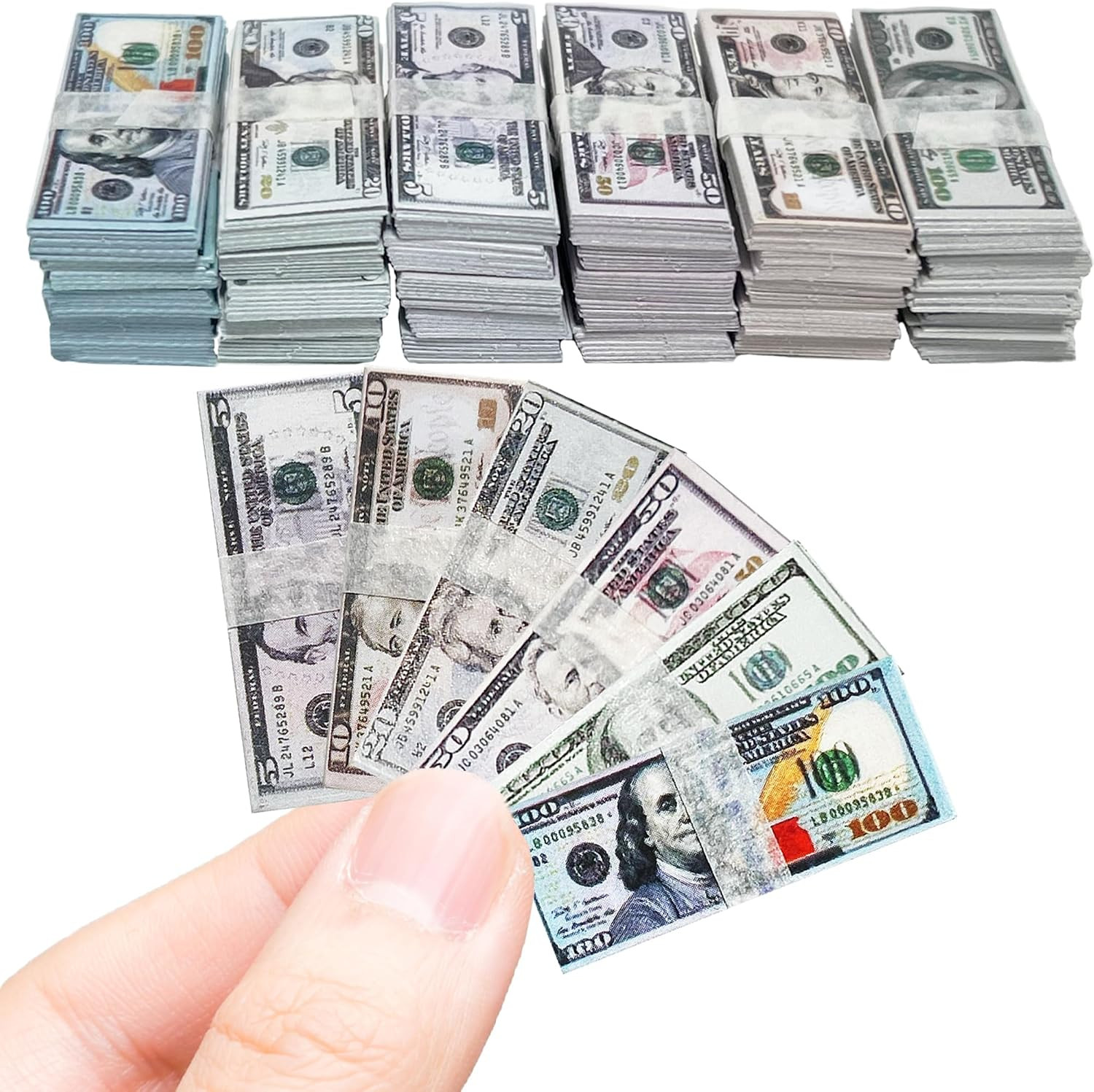 600PCS 1:12 Miniature Dollar Bills Set, Old Tiny Mixed Denominations Money